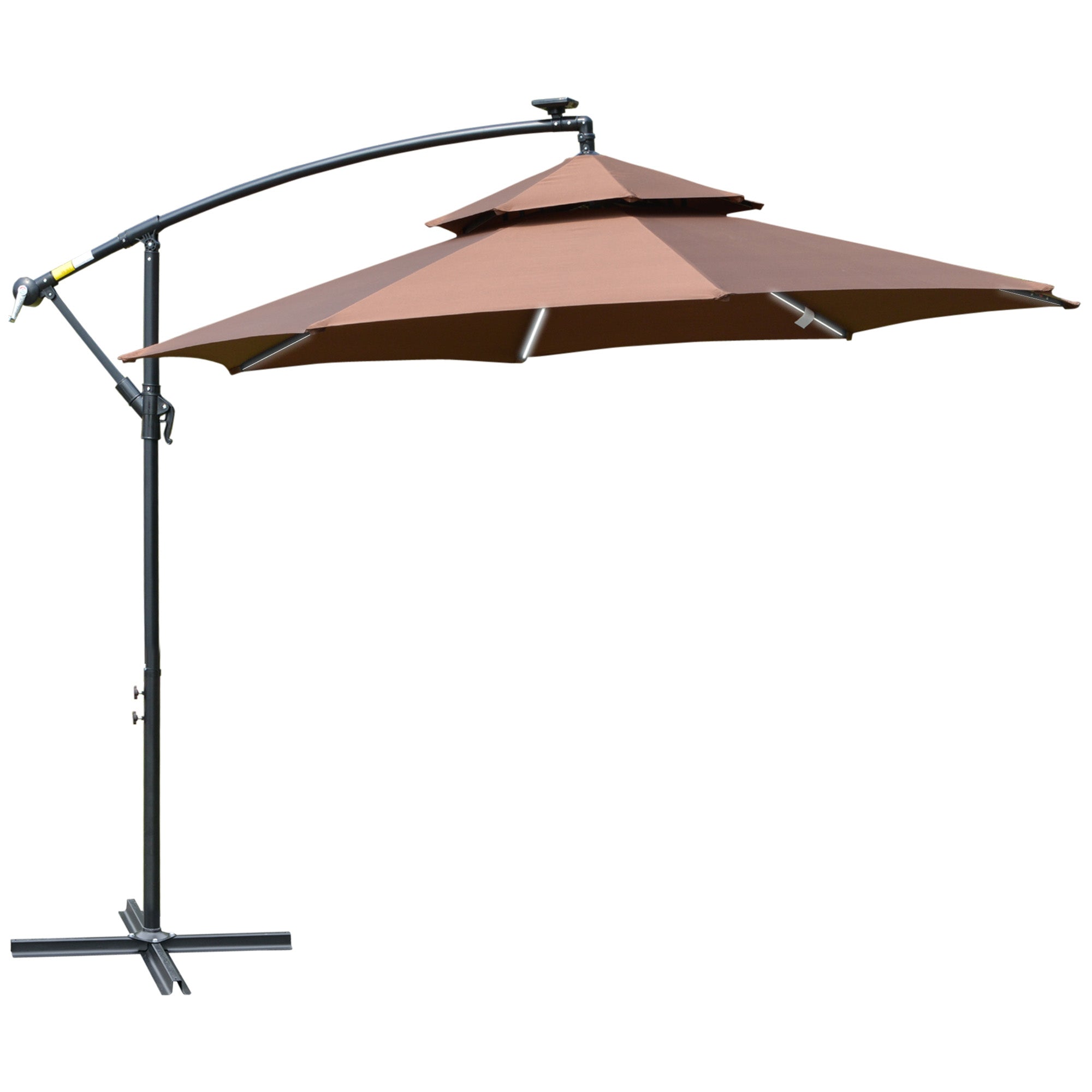 3(m) Cantilever Parasol Banana Hanging Umbrella with Double Roof, LED Solar lights, Crank, 8 Sturdy Ribs and Cross Base for Outdoor, Coffee