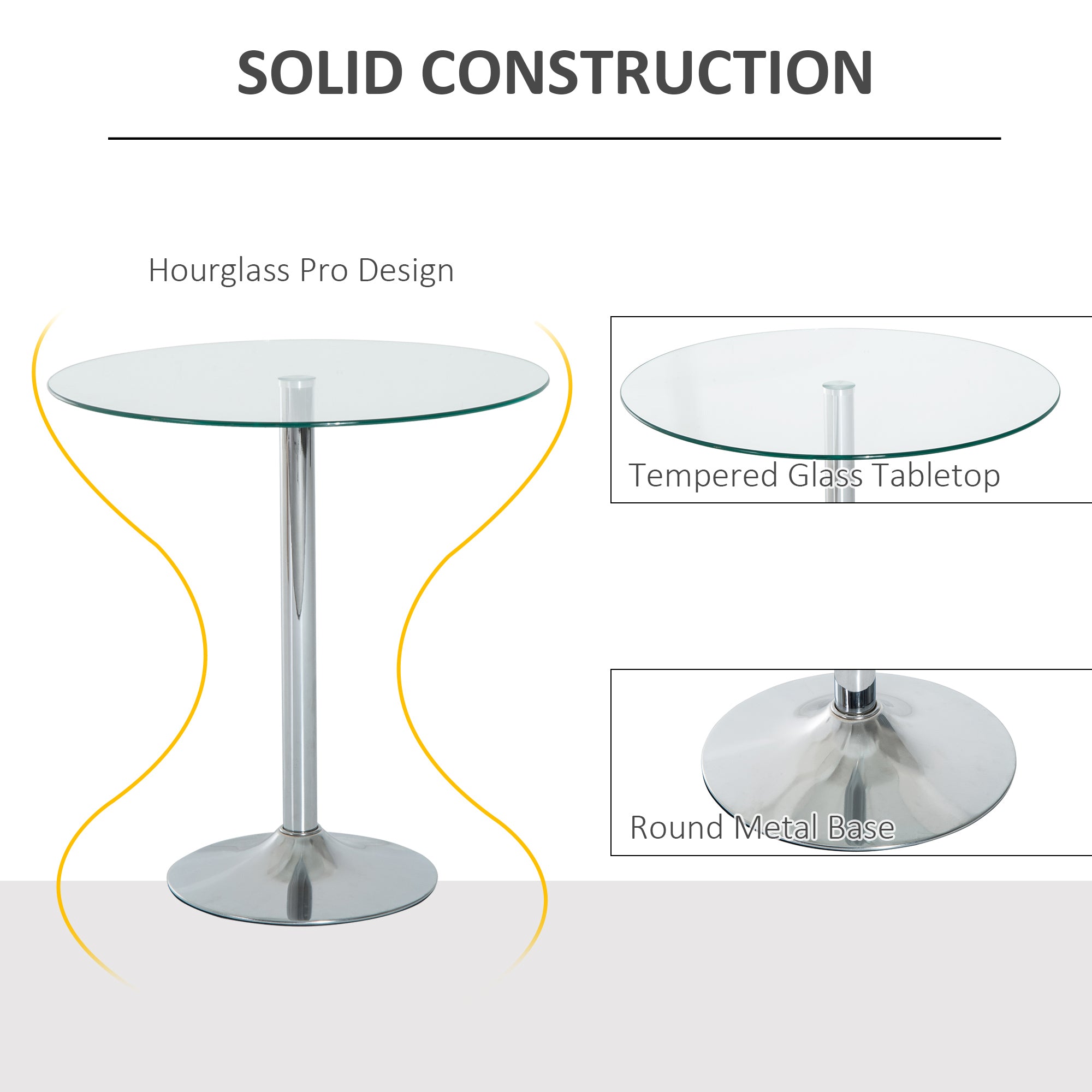 Round Dining Table, Modern Dining Room Table with Tempered Glass Top, Steel Base, Space Saving Small Bar Table