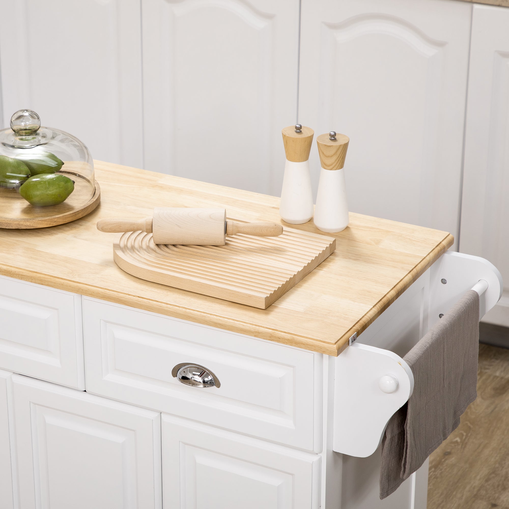 Kitchen Island with Storage Rolling Kitchen Serving Cart with Rubber Wood Top Towel Rack Storage Drawer Cabinet White