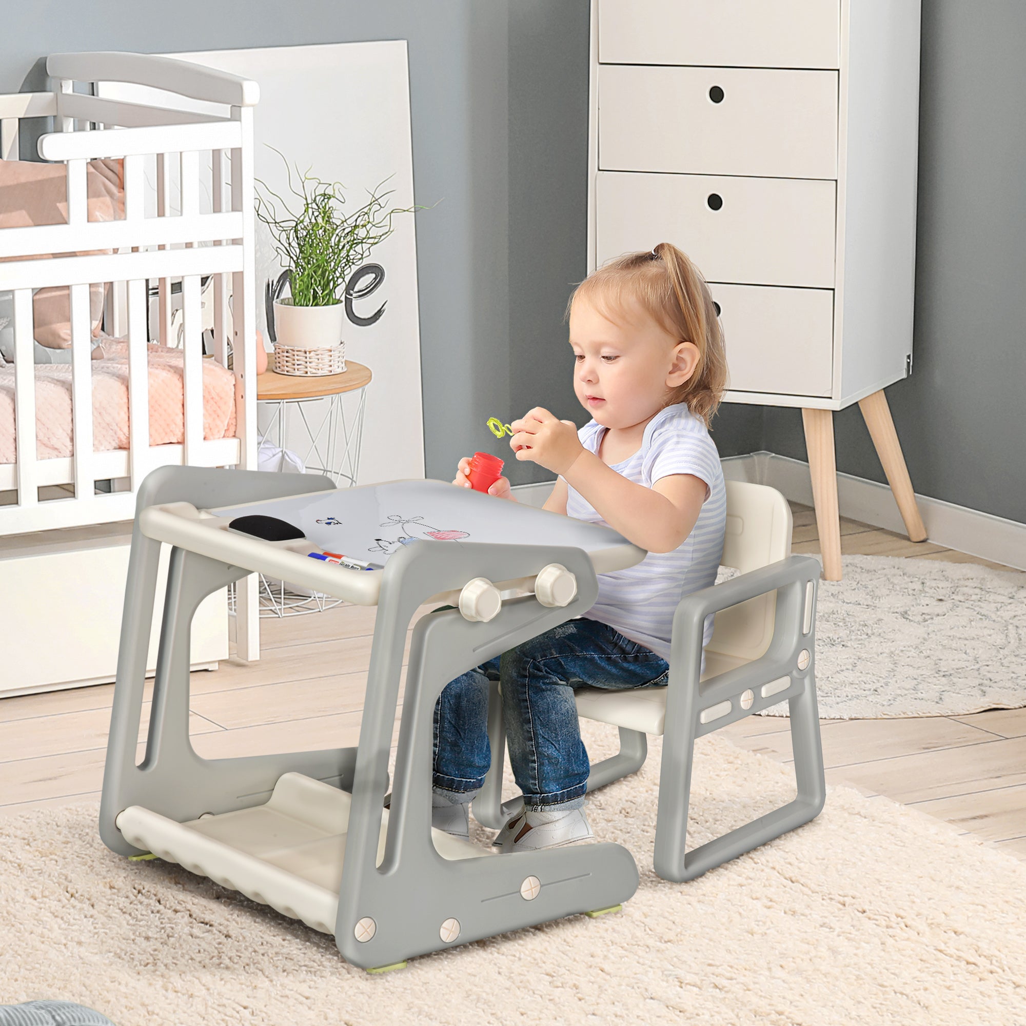 Kids Study Table and Chair Set 2-In-1 Design Drawing Board Writing Desk with Whiteboard Pens Eraser Storage Tray Toddlers Grey/White