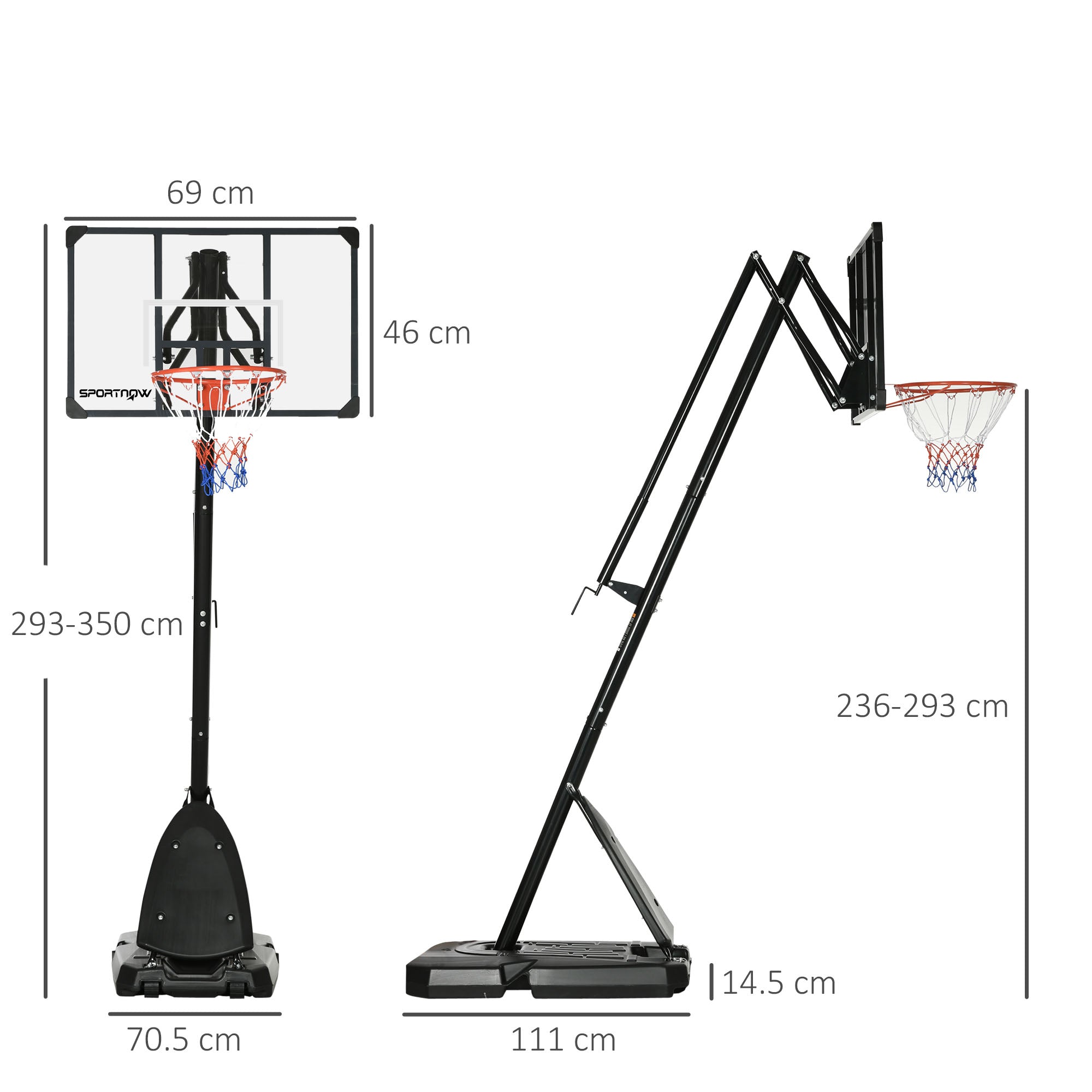 Height Adjustable Basketball Hoop and Stand with Sturdy Backboard and Weighted Base, Portable on Wheels, 2.4-2.9m