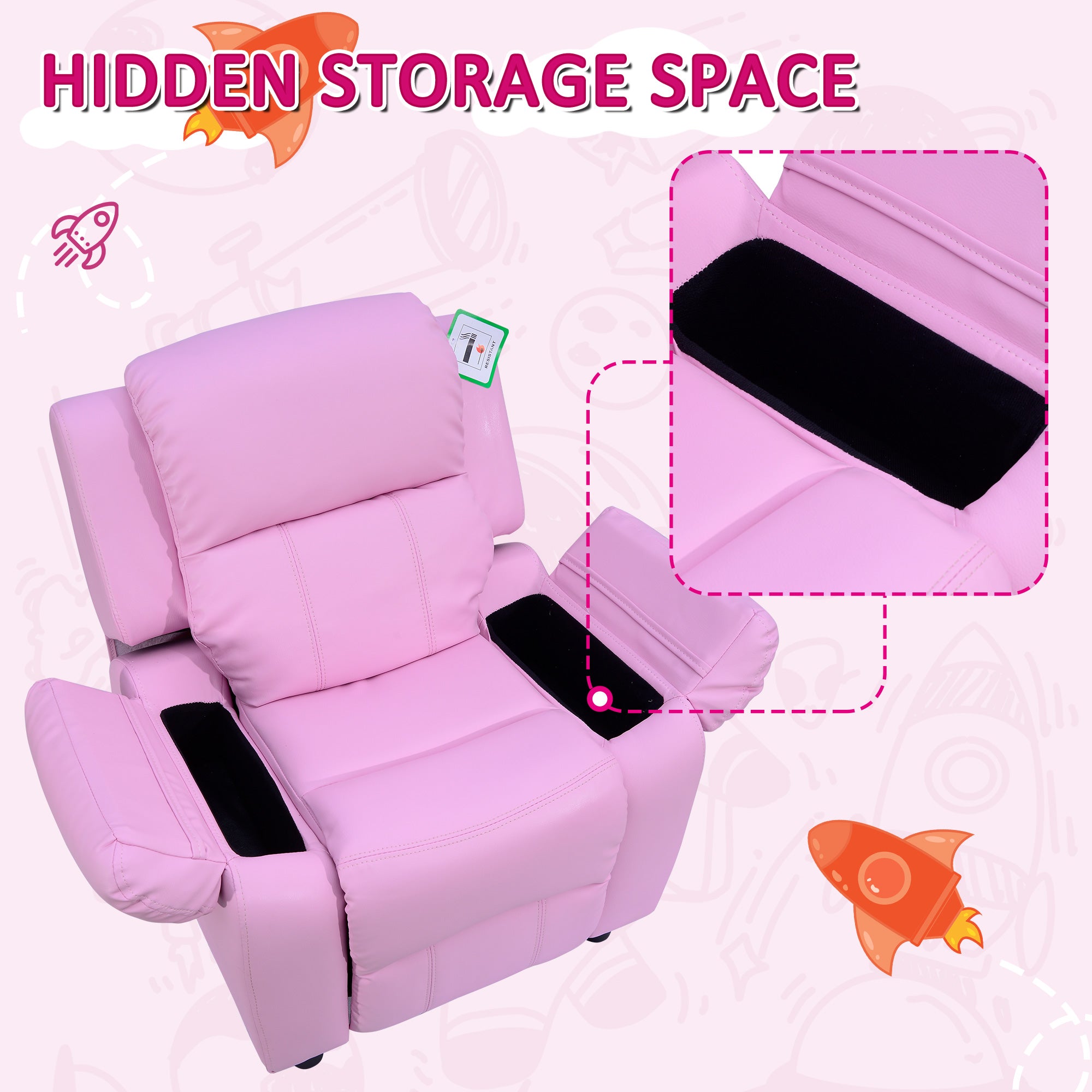 Kids Children Recliner Lounger Armchair Games Chair Sofa Seat PU Leather Look w/ Storage Space on Arms (Pink)