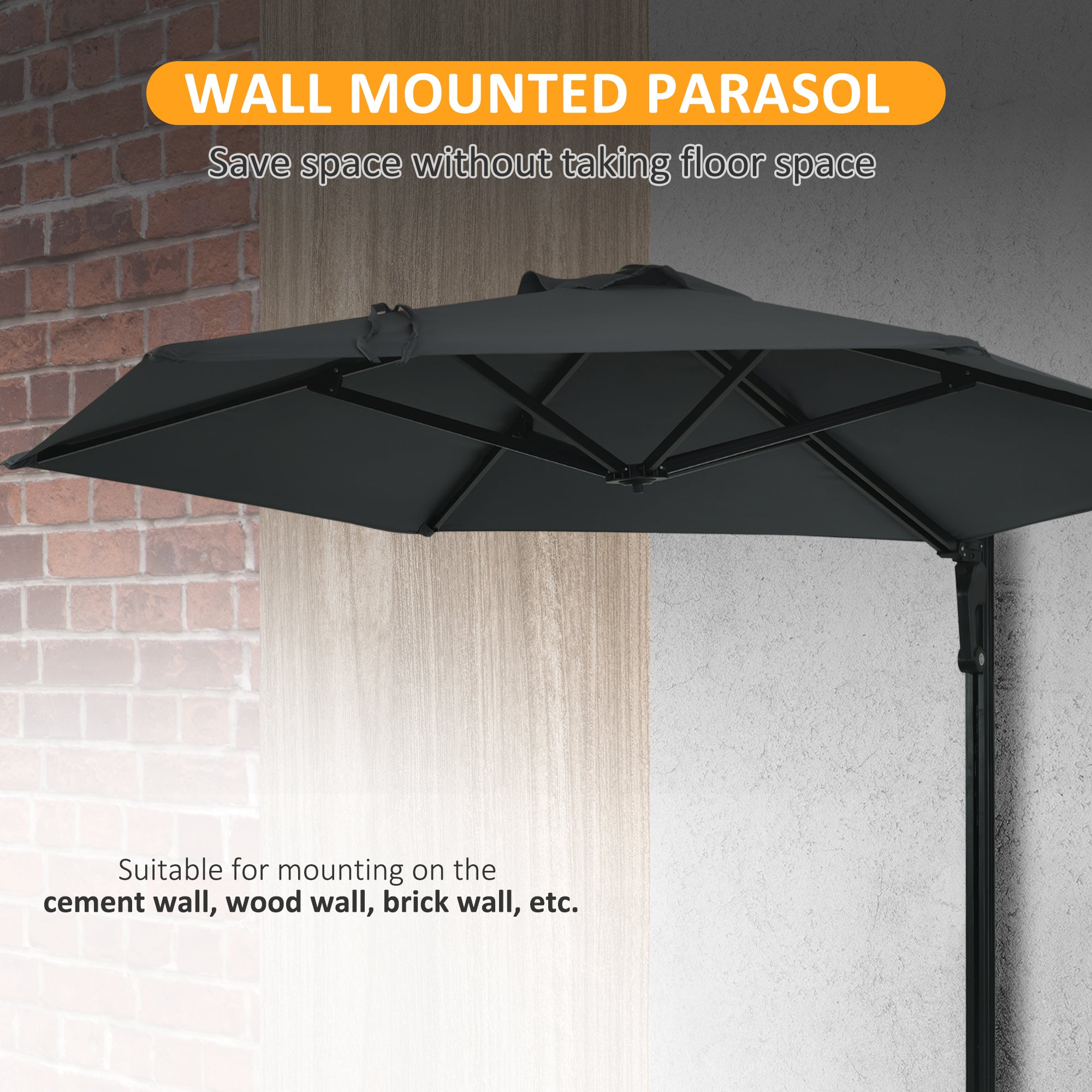 Wall Mounted Parasol, Hand to Push Outdoor Patio Umbrella with 180 Degree Rotatable Canopy for Porch, Deck, Garden, 250 cm, Dark Grey