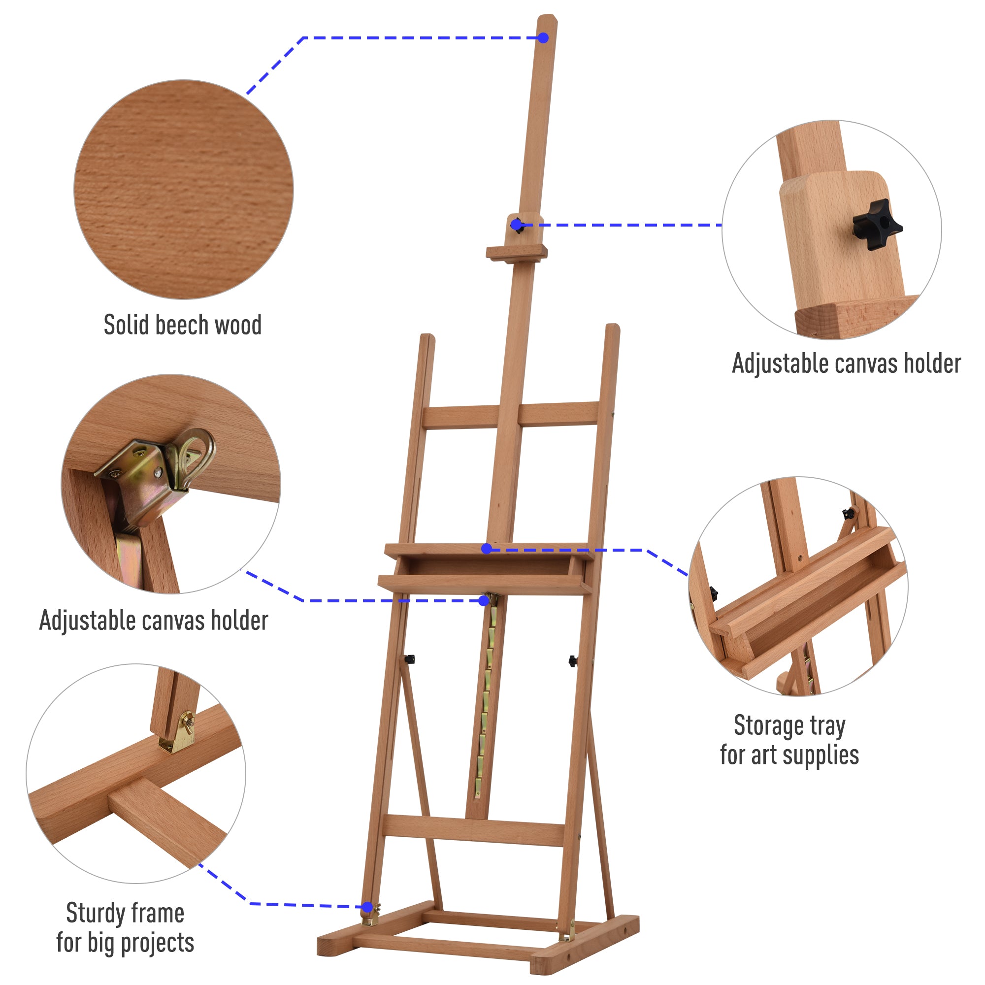 H-Frame Wooden Studio Easel Height Adjustable with Canvas Holder and Pencil Case for Display, Exhibition, Drawing, Painting