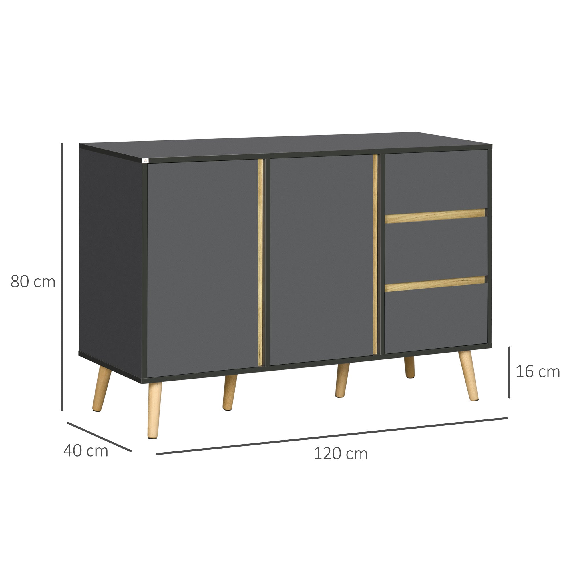 Sideboard, Modern Kitchen Cupboard with Double Doors and 3 Drawers, Adjustable Shelves for Living Dining Room, Dark Grey