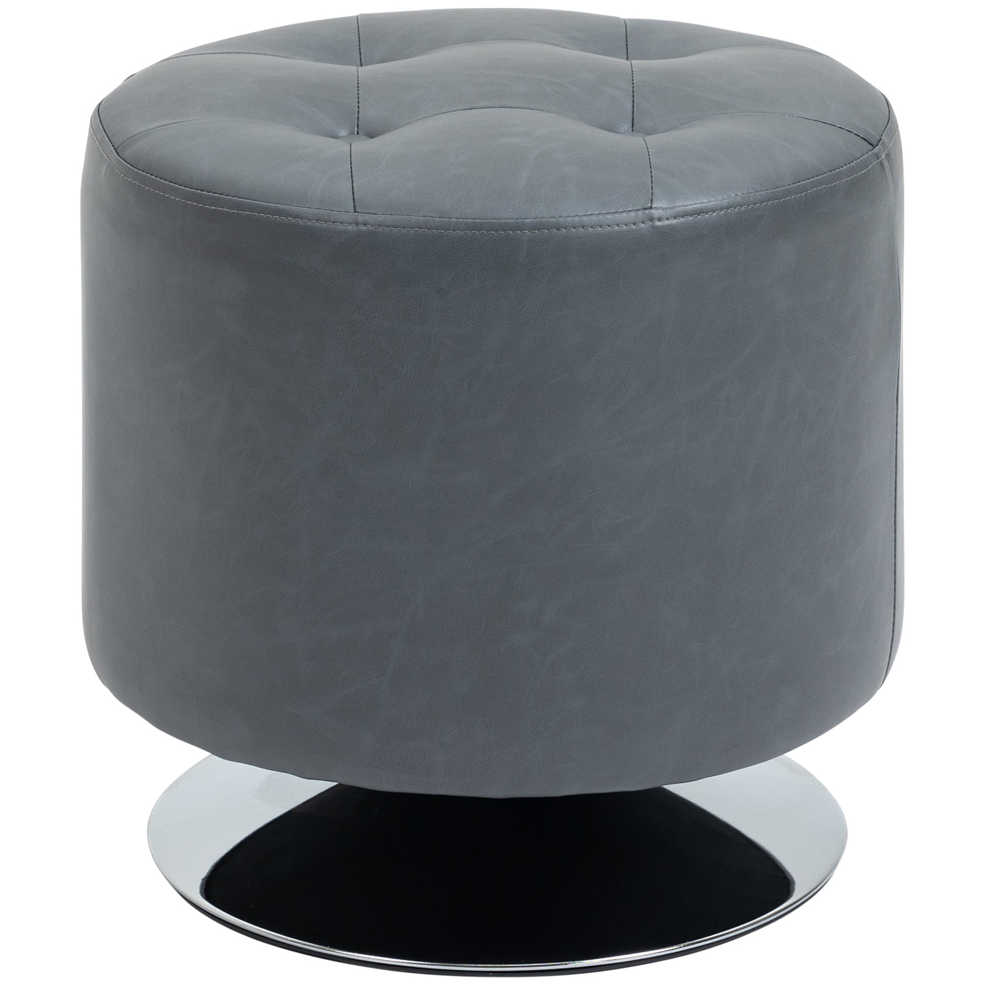 360° Swivel Foot Stool Round PU Ottoman with Thick Sponge Padding and Solid Steel Base, Grey