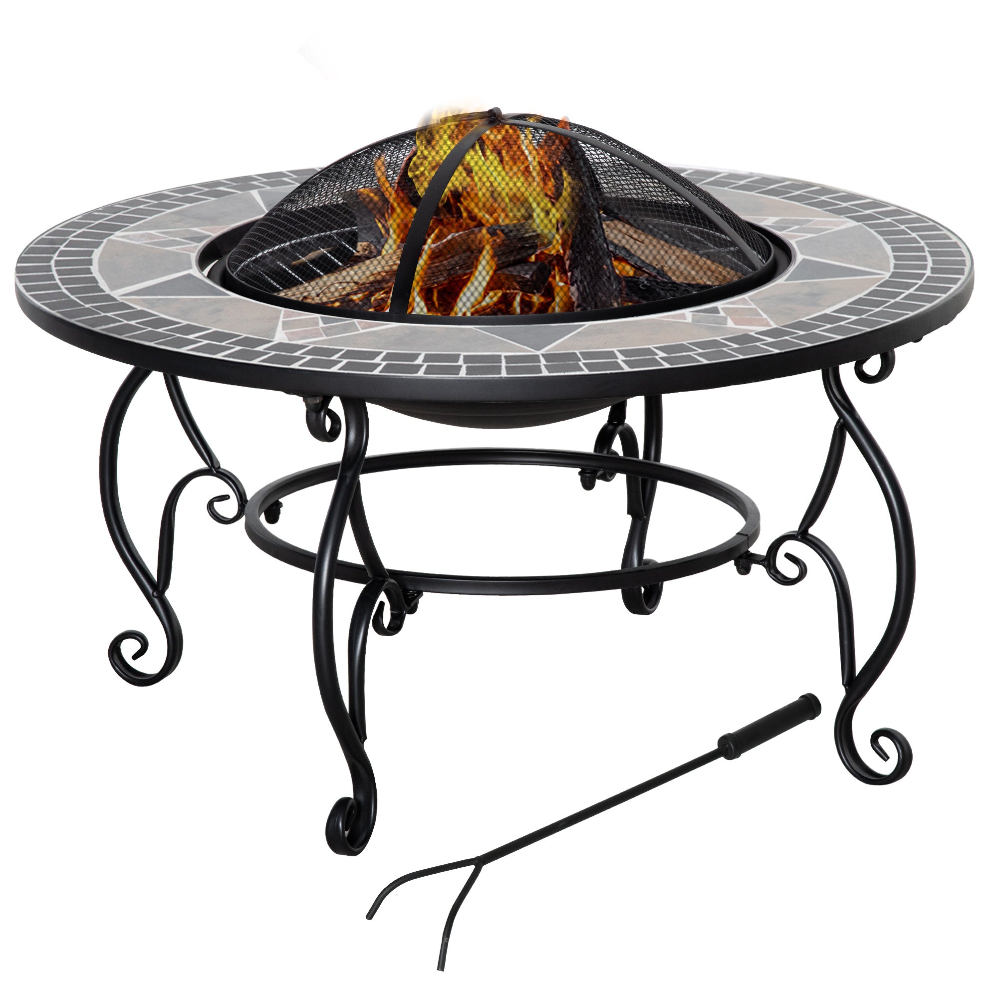 2-in-1 Outdoor Fire Pit, Patio Heater with Cooking BBQ Grill, Firepit Bowl with Spark Screen Cover, Fire Poker for Backyard Bonfire