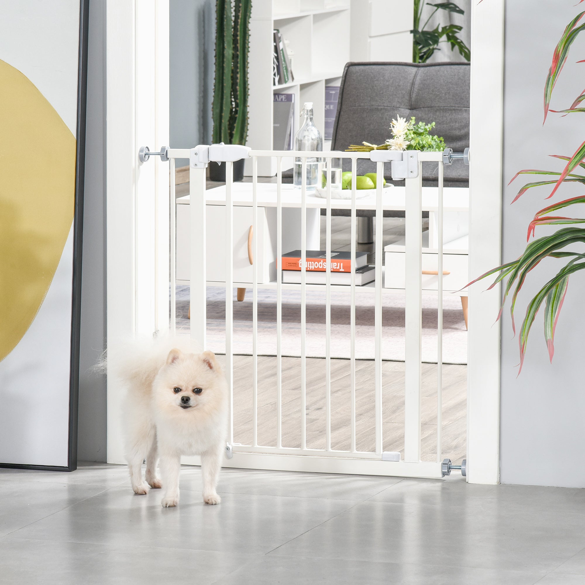 Pet Metal Safety Gate Pressure Fitted Stair Barrier for Dog Expandable Fence with Auto-Close Door Double Locking System 74cm to 84 cm White