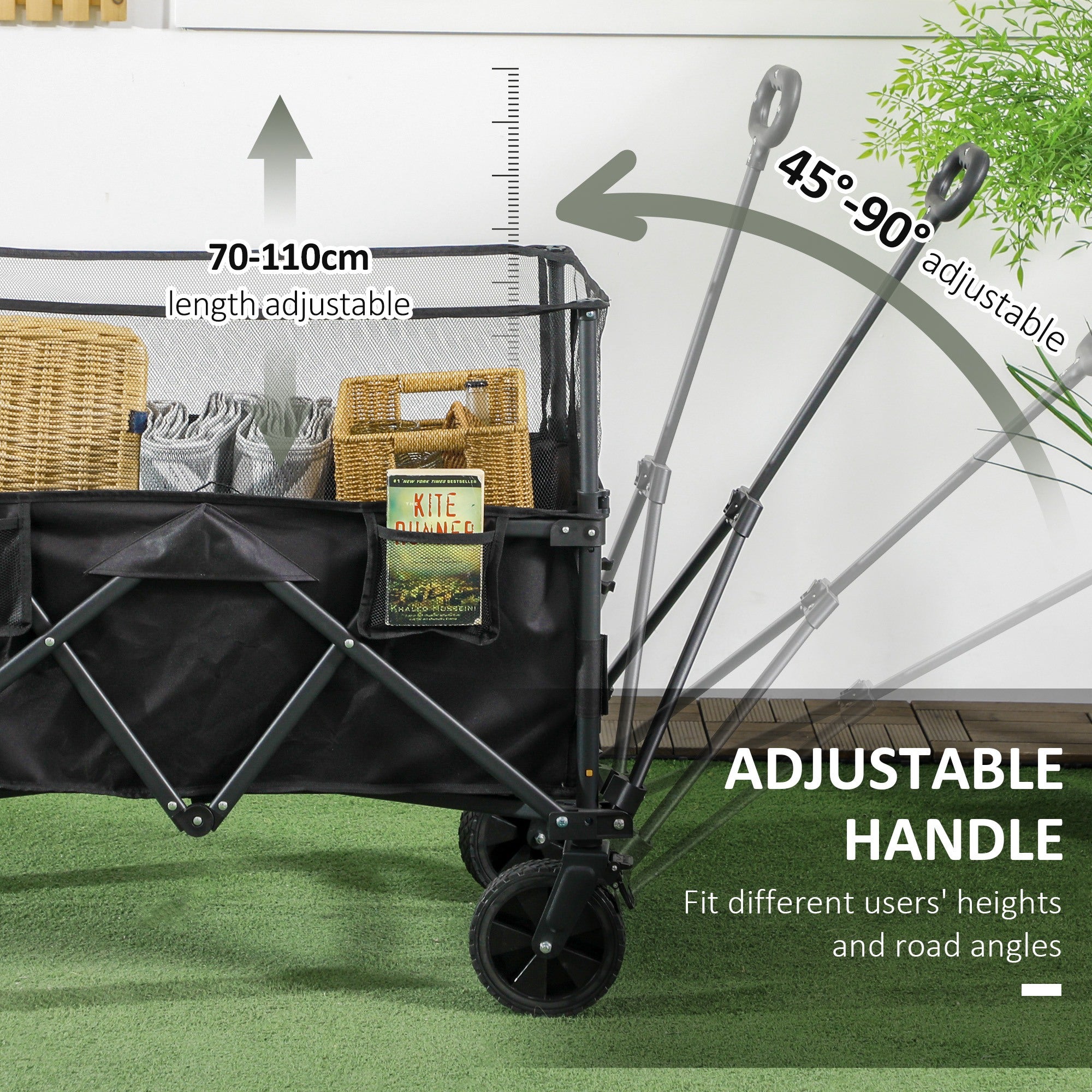 Folding Garden Trolley, 180L Wagon Cart with Extendable Side Walls, for Beach, Camping, Festival, Black