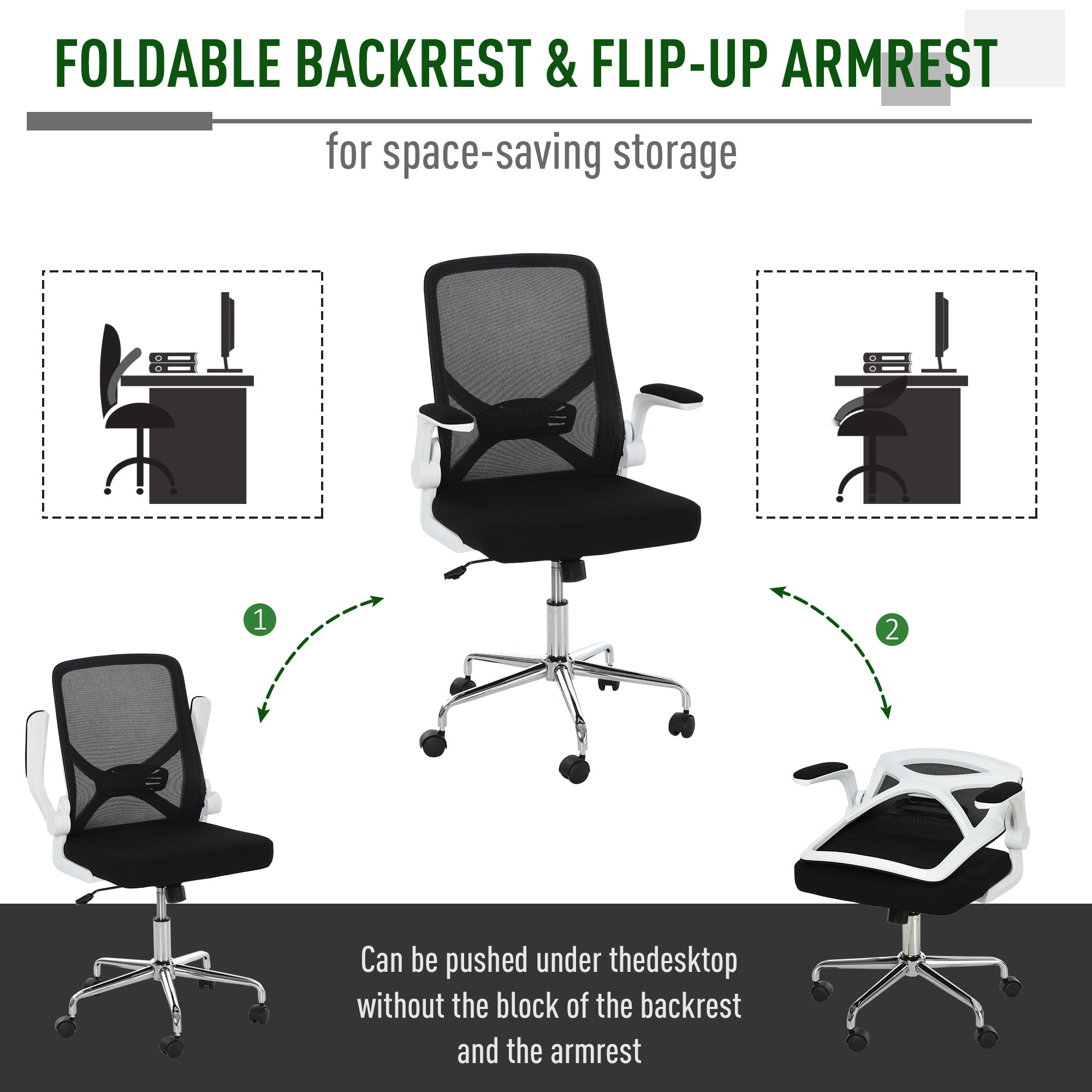 Mesh Office Chair with Flip-Up Arm, Lumbar Support, Home Task High Back Swivel Chair Adjustable Height, Black