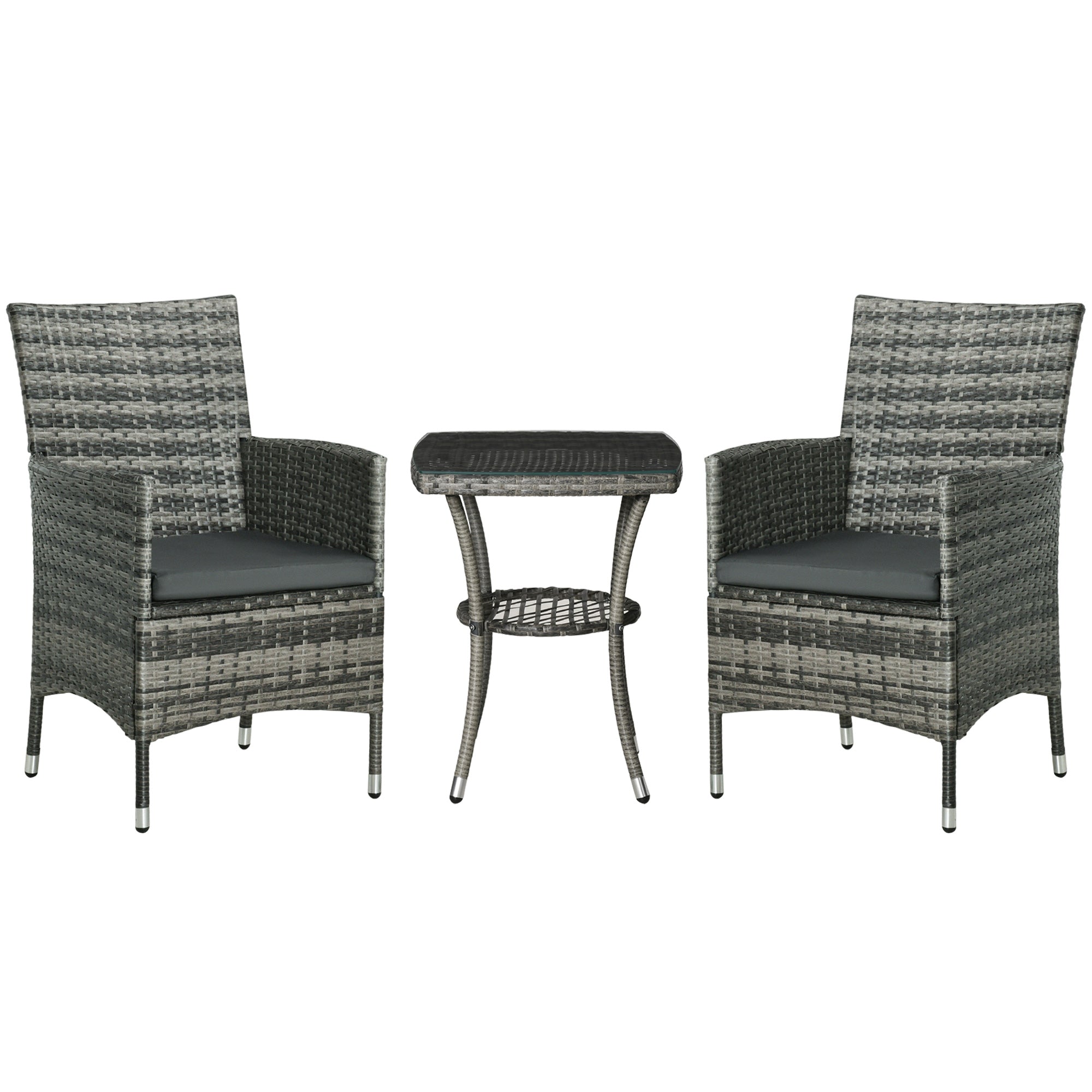 3 PCs Rattan Garden Bistro Set with Cushions Patio Weave Companion Chair Table Set Conservatory, Light Grey