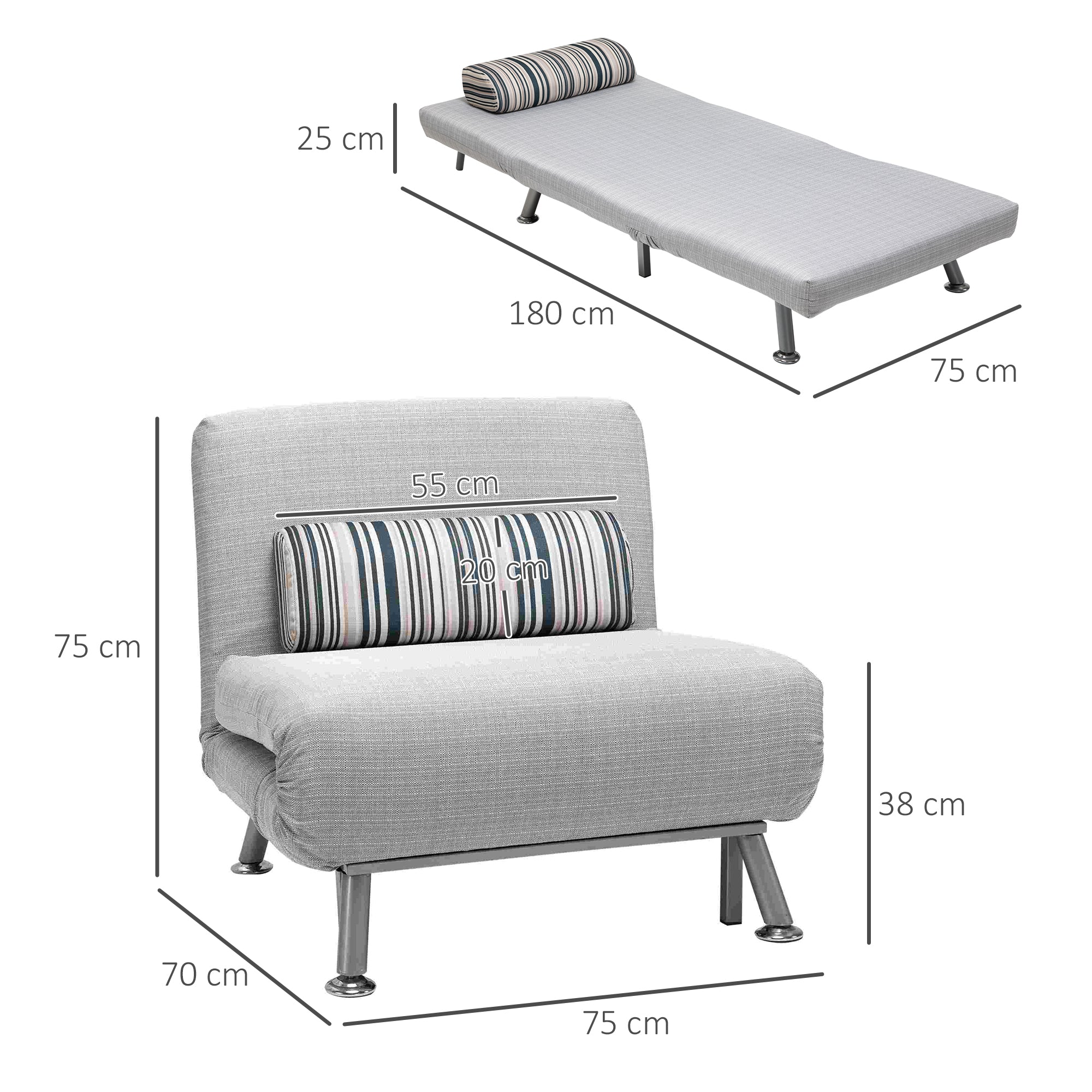 Single Sofa Bed, 1 Person Sleeper Foldable Lounge with Pillow, Grey