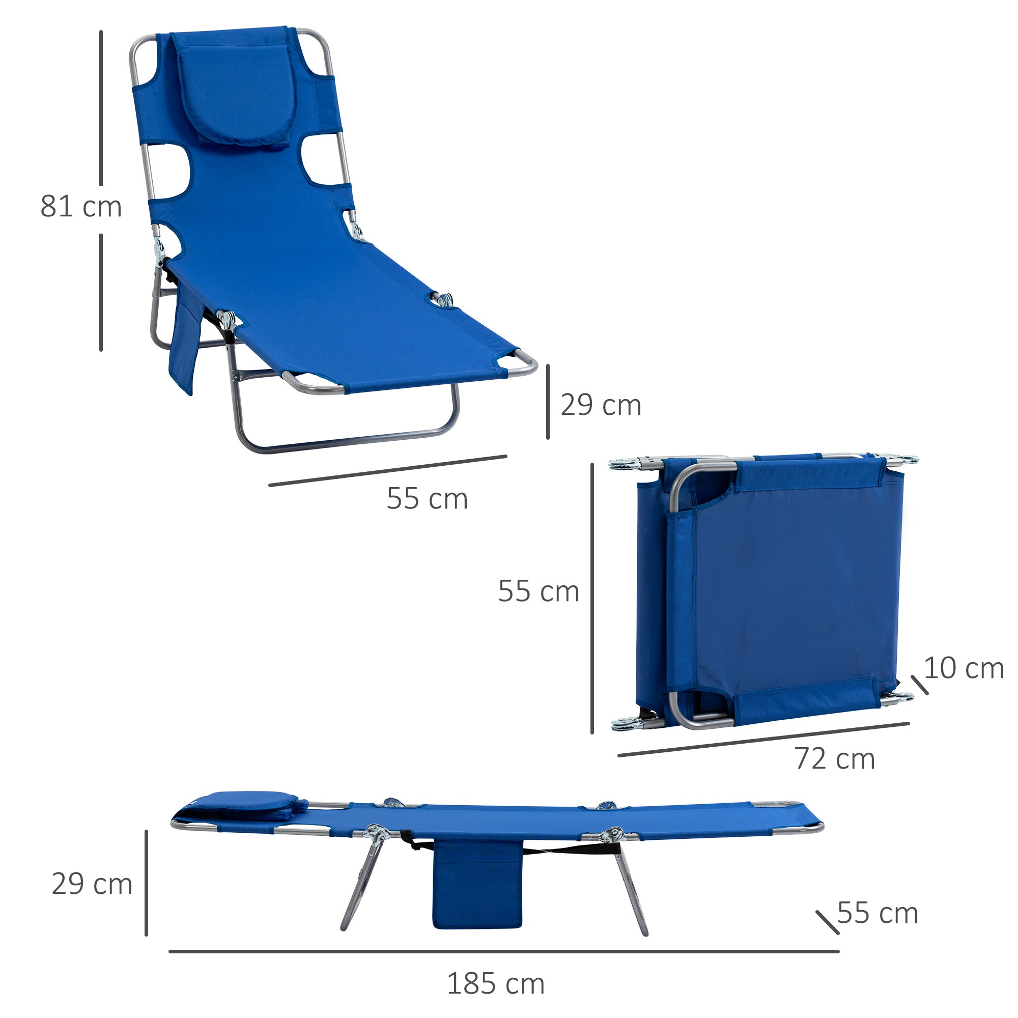 2 Pieces Foldable Sun Lounger with Reading Hole, Portable Sun Lounger with 5 Level Adjustable Backrest, Reclining Lounge Chair with Side Pocket, Headrest Pillow, Blue