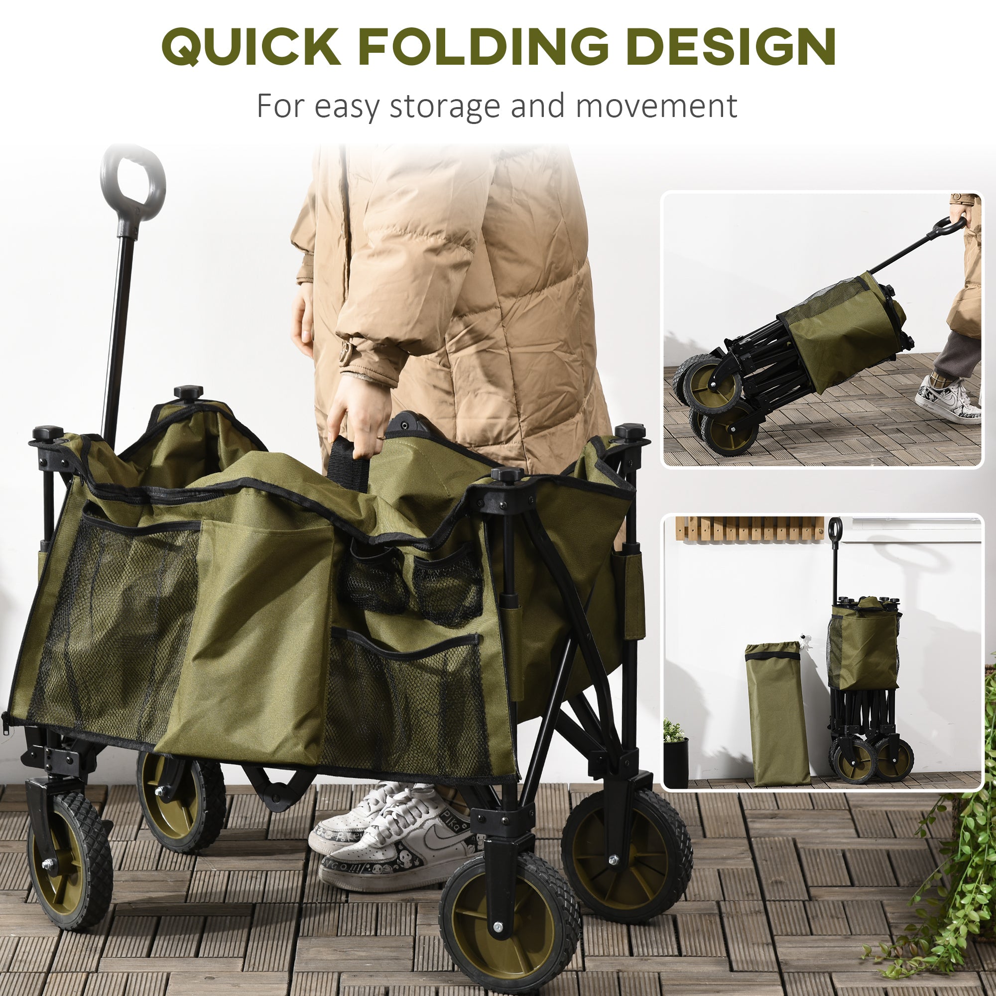 Folding Garden Trolley on Wheels, Collapsible Camping Trolley with Folding Board, Outdoor Utility Wagon with Steel Frame Oxford Fabric Green