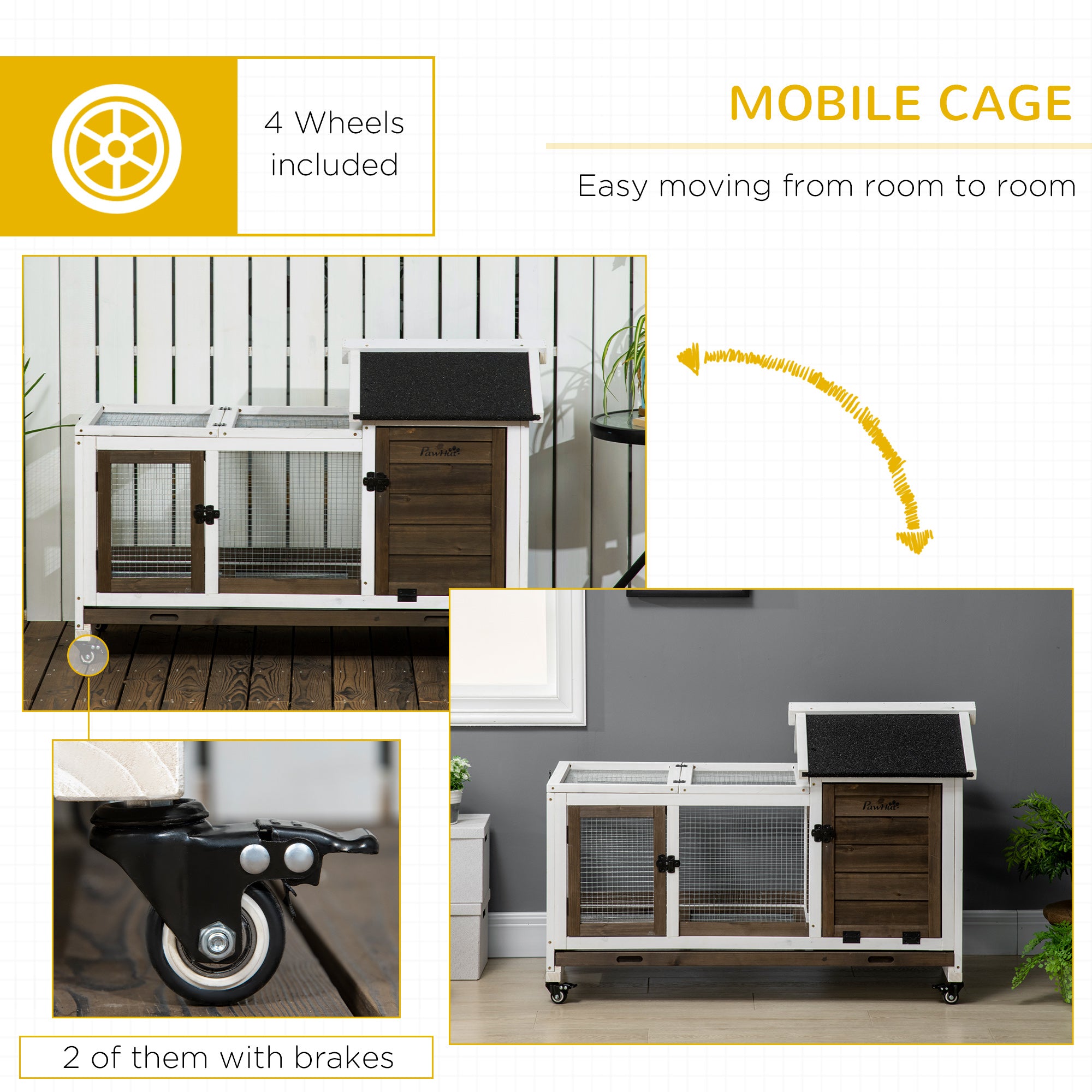 Wooden Rabbit Hutch with Wheels, Guinea Pig Cage, Small Animal House for Outdoor & Indoor with Slide-out Tray, 108 x 58 x 73.5cm, Coffee