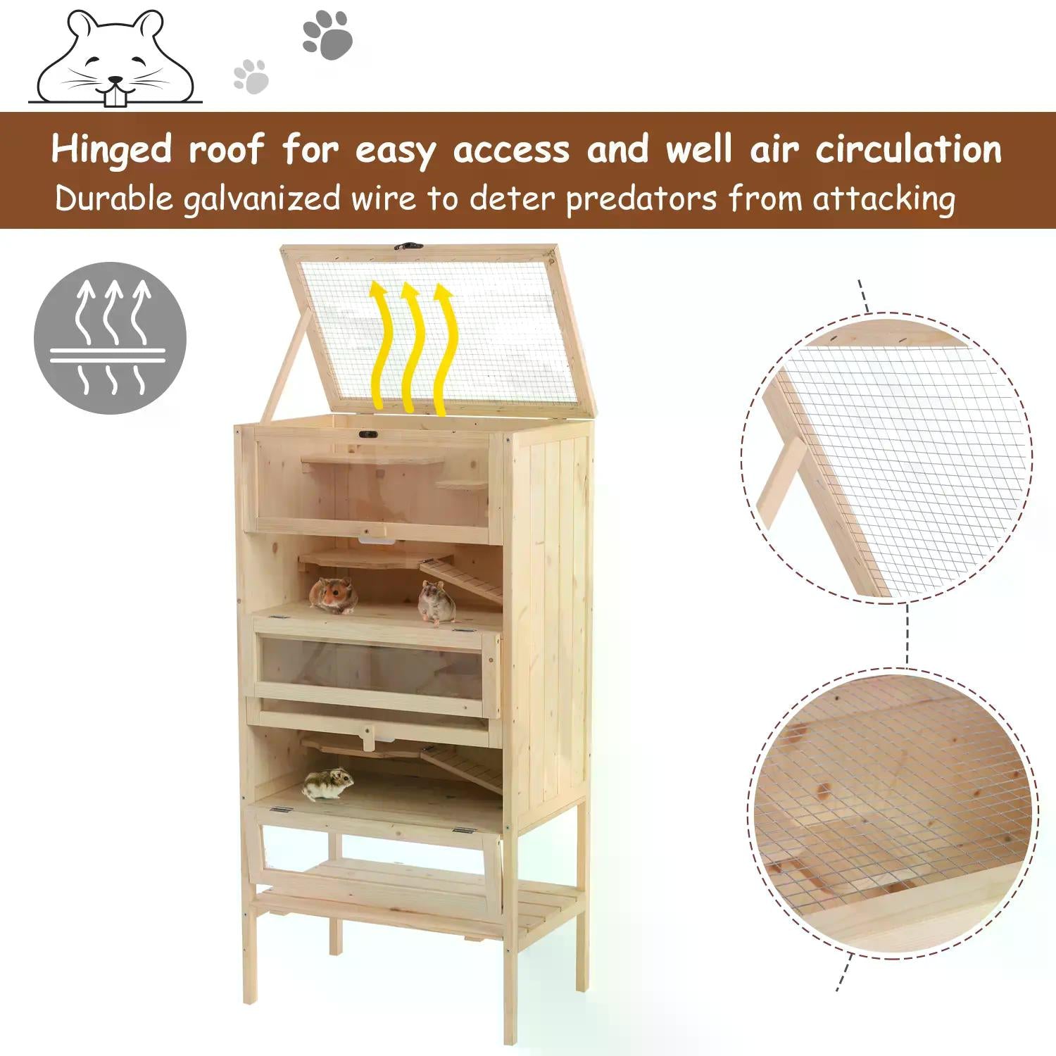 Hamster Cage Wooden Mouse Rodent Small Pet Animals 4 Layers Tall Bottom Storage Shelf Easy Clean