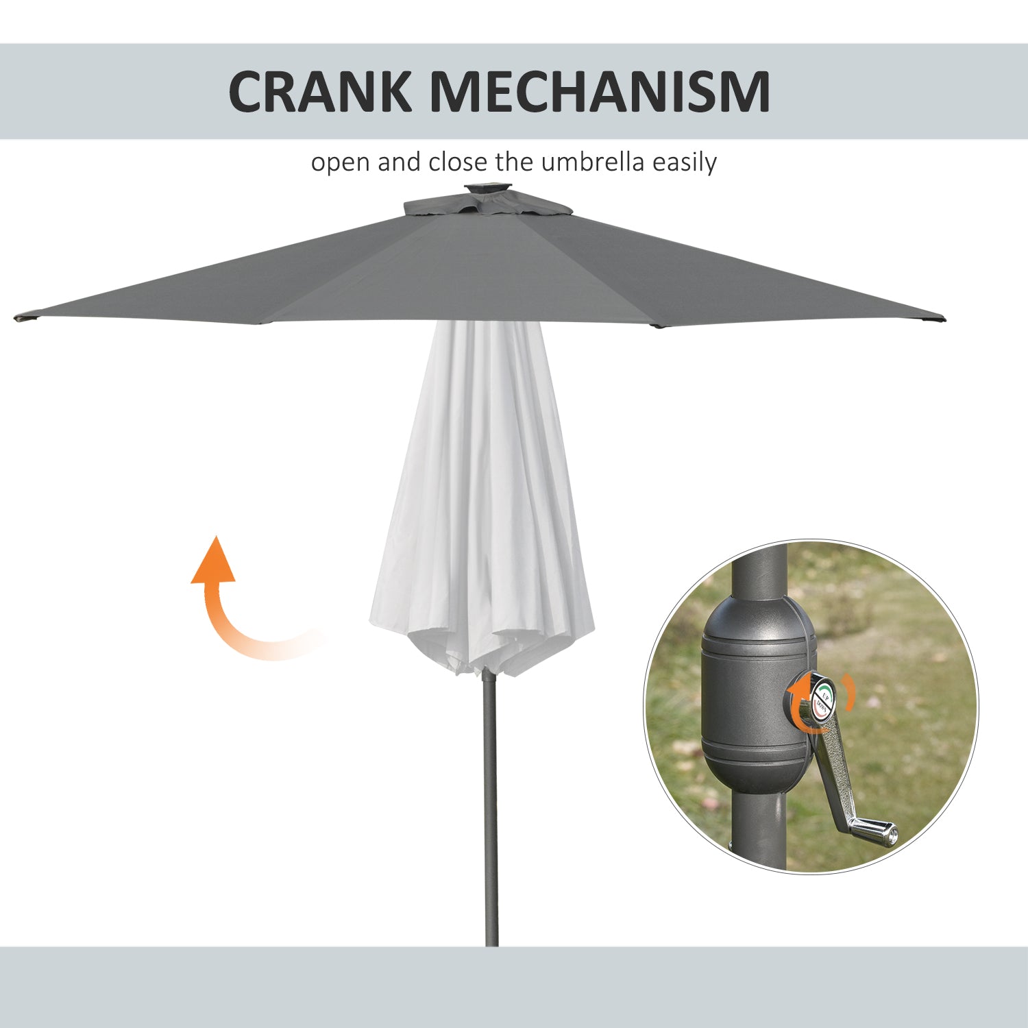 2.7m Garden Parasol, Patio LED Umbrella with Push Button Tilt/Crank 8 Rib Sun Shade for Outdoor Table Market Umbrella Grey