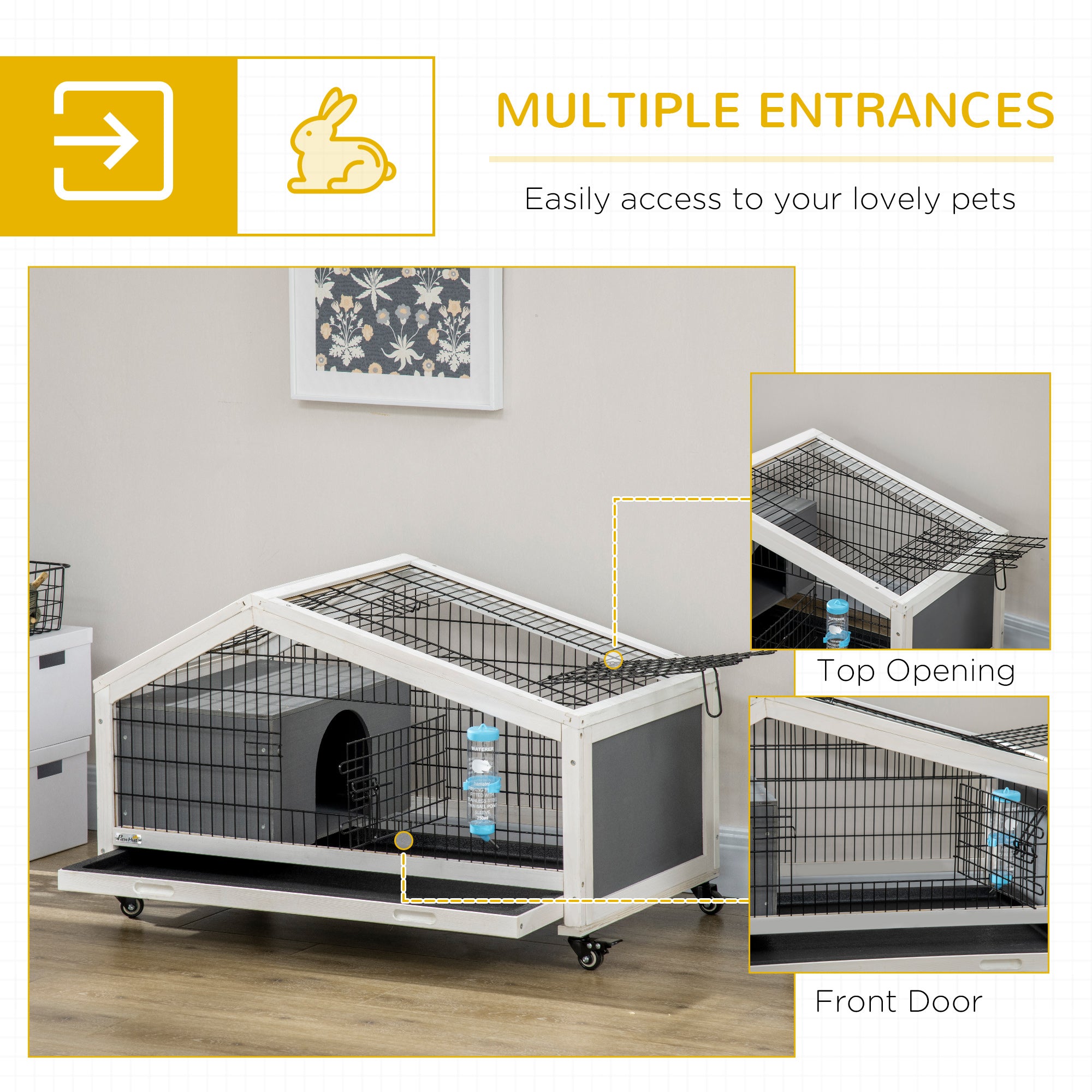 Rabbit Hutch with Water Bottle, Guinea Pig Cage with Wheels, Bunny Run with Plastic Slide-out Tray, Small Animal House for Indoor, Dark Grey