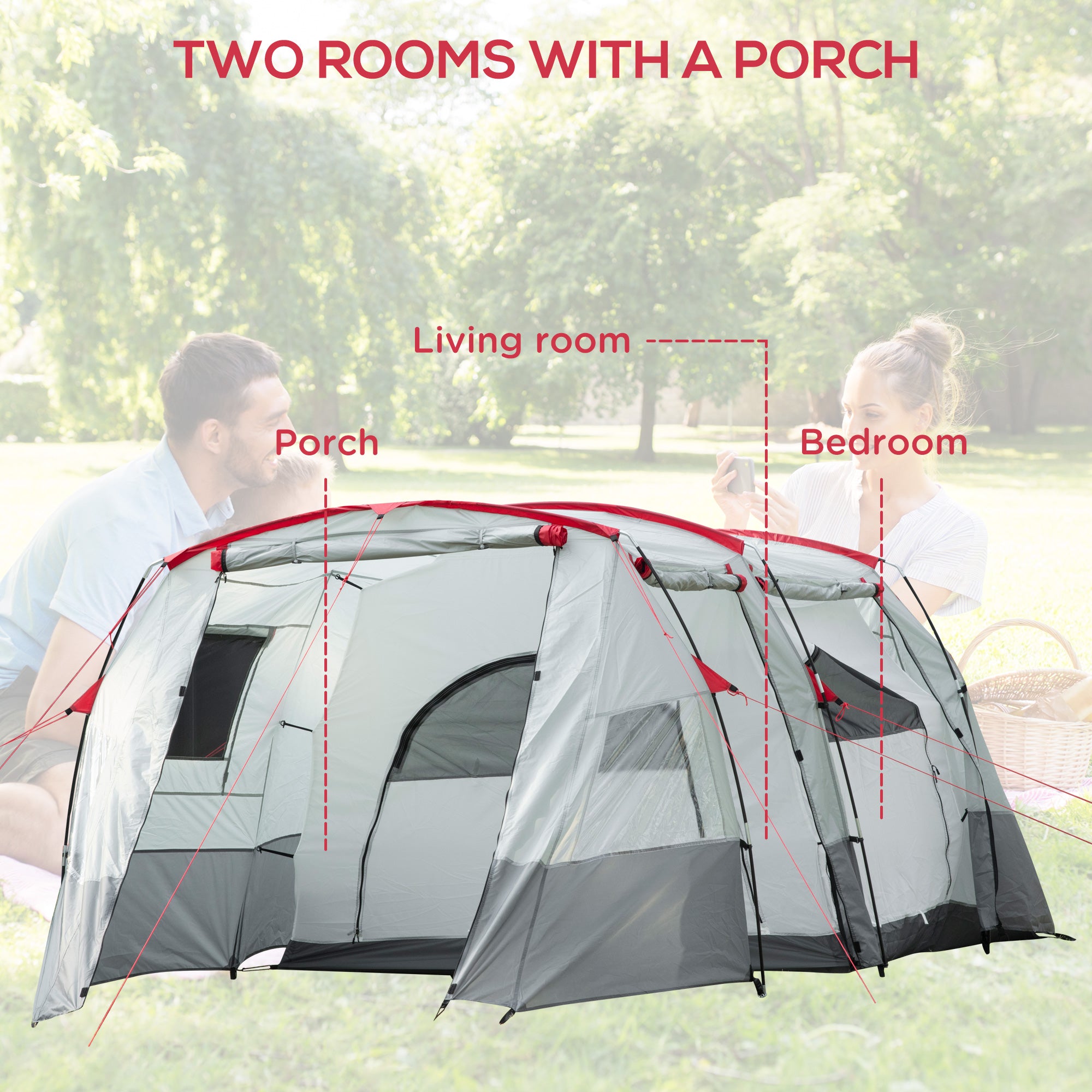 6-8 Person Tunnel Tent, Camping Tent with Bedroom, Living Room, Sewn-in Floor, 3 Doors and Carry Bag, 2000mm Water Column for Fishing, Grey