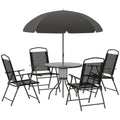 6 Piece Garden Patio Furniture Set with Folding Chairs and Parasol - Black