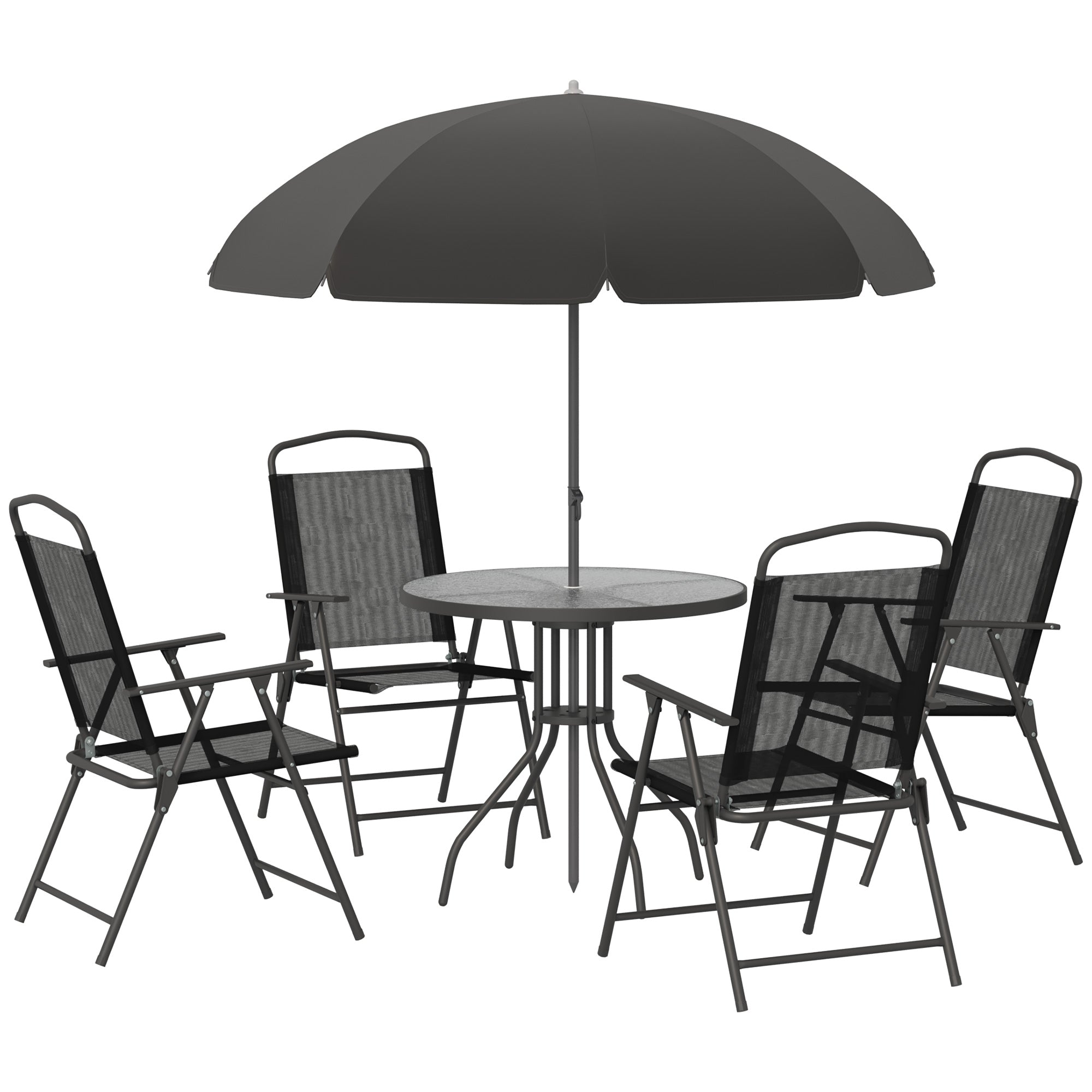 6 PCs Garden Patio Furniture Set Bistro Set Texteline Folding Chairs +Table +Parasol (Black)