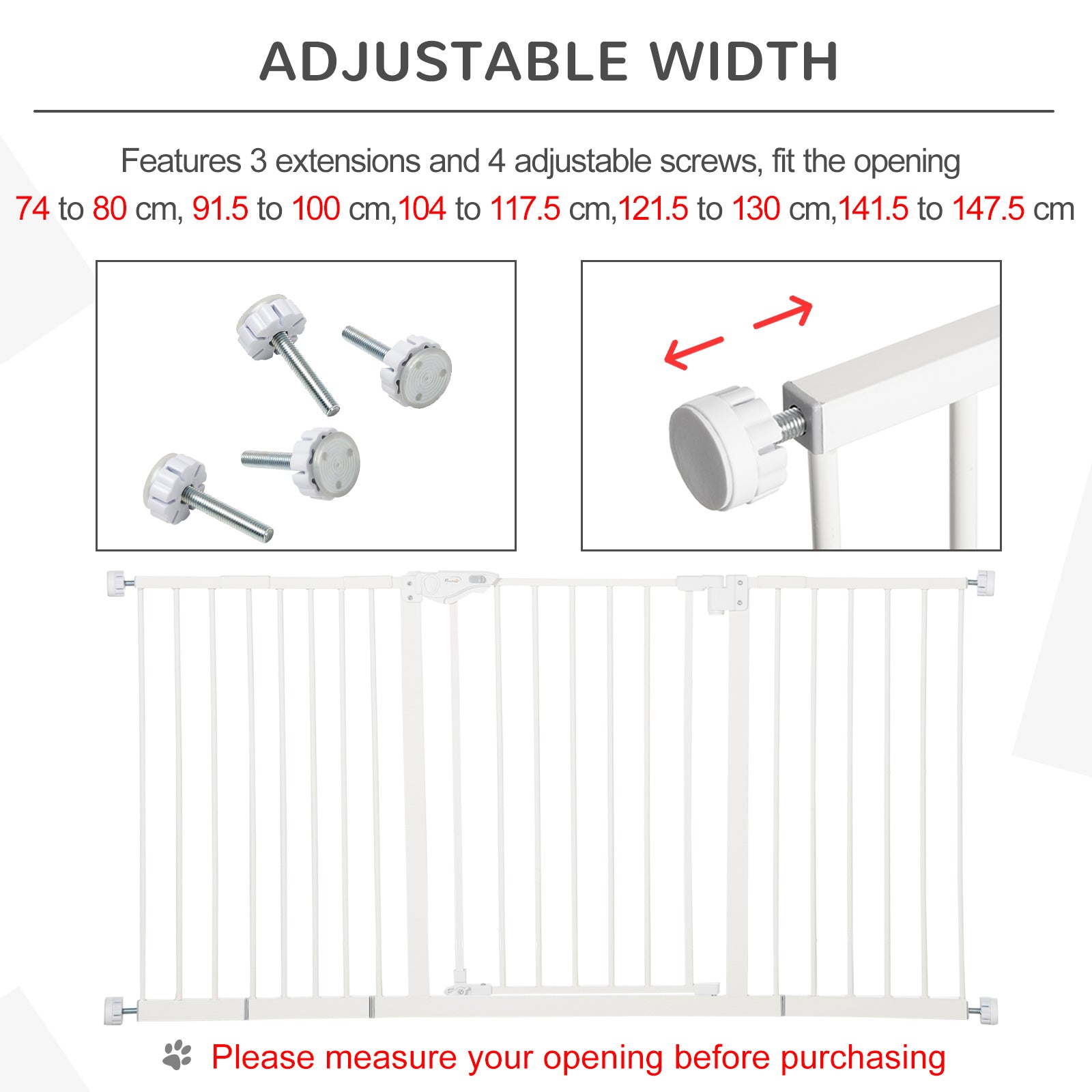 Dog Gate Stair Gate Pressure Fit Pets Barrier Auto Close for Doorway Hallway, 74-148cm Wide Adjustable, White