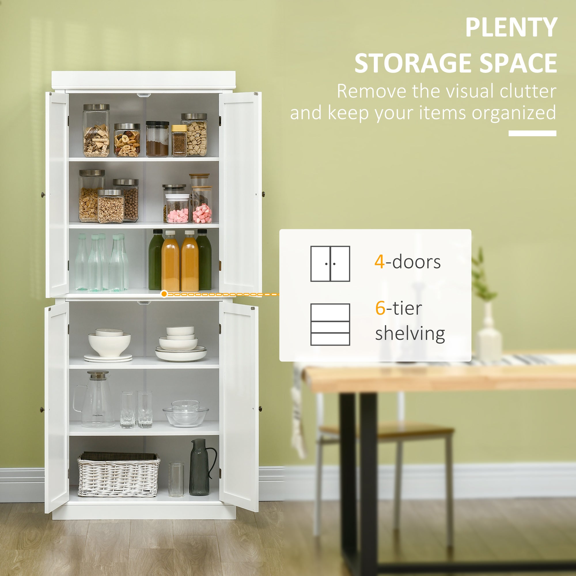 Freestanding Kitchen Cupboard with 4 Doors, 6-Tier and Adjustable Shelves - White