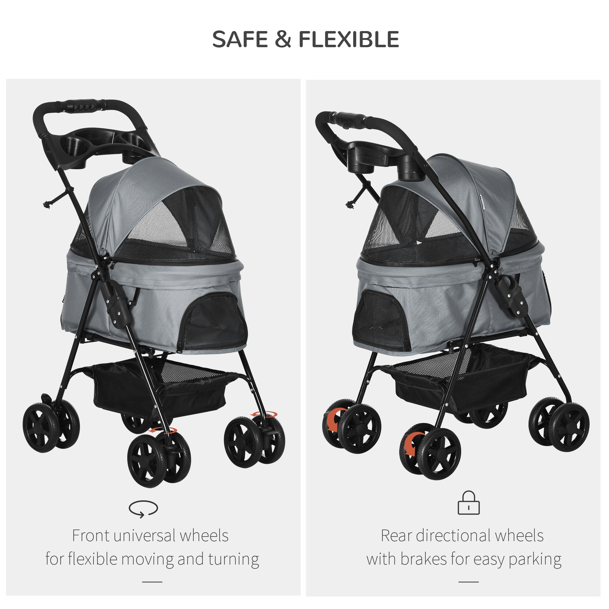 No-Zip Pet Stroller Dog Cat Travel Pushchair One-Click Fold Trolley Jogger with EVA Wheels Brake Basket Adjustable Canopy Safety Leash Grey