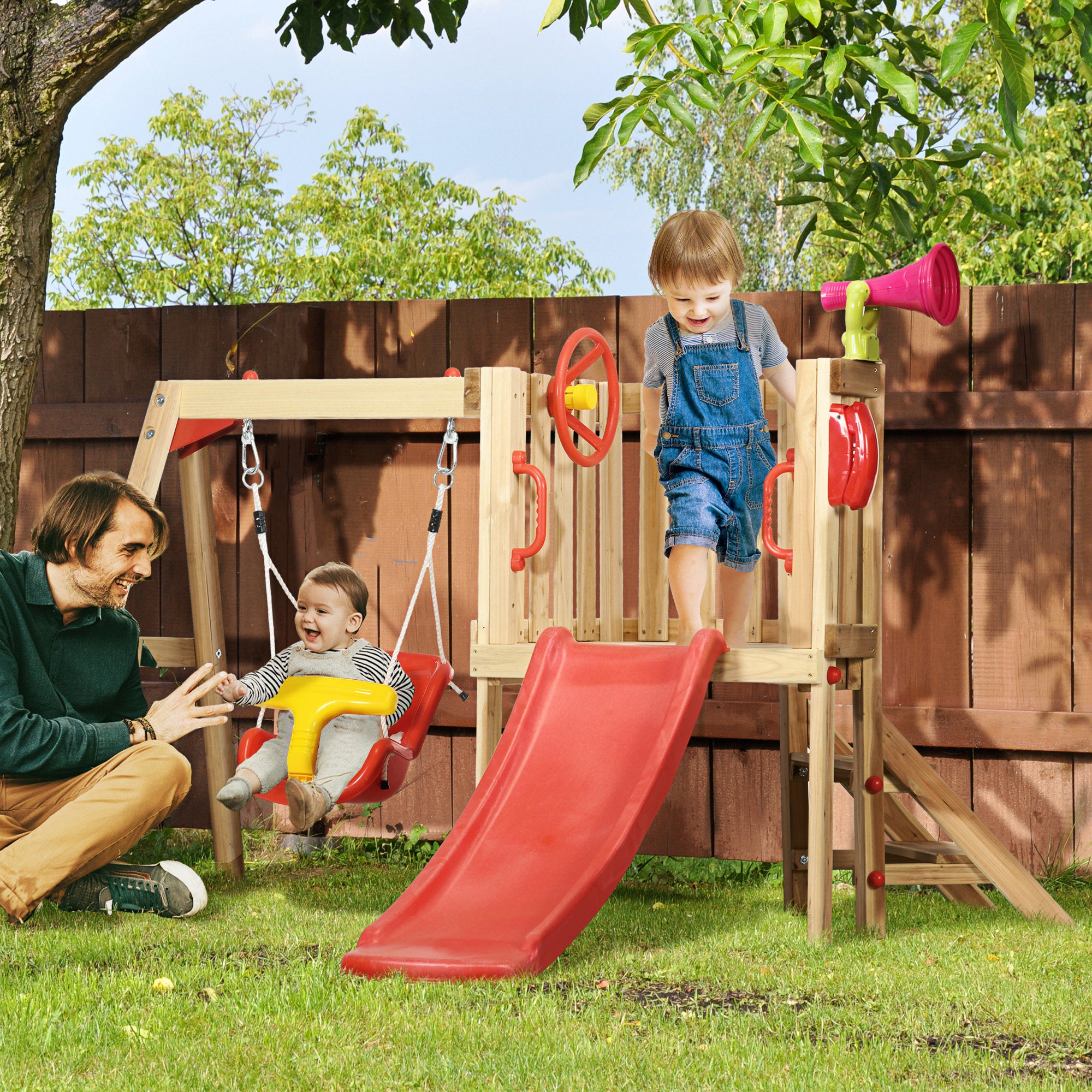 Wooden Swing and Slide Set for Toddler 18-48 Months, Outdoor Use - Red and Brown