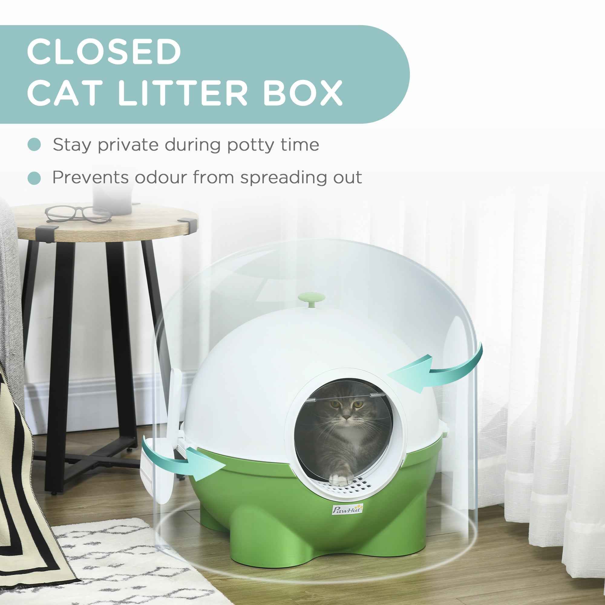 Large Cat Litter Box, Hooded Cat Litter Tray with Lid, Scoop, Top Handle, Front Entrance, 53 x 51 x 48cm - Green