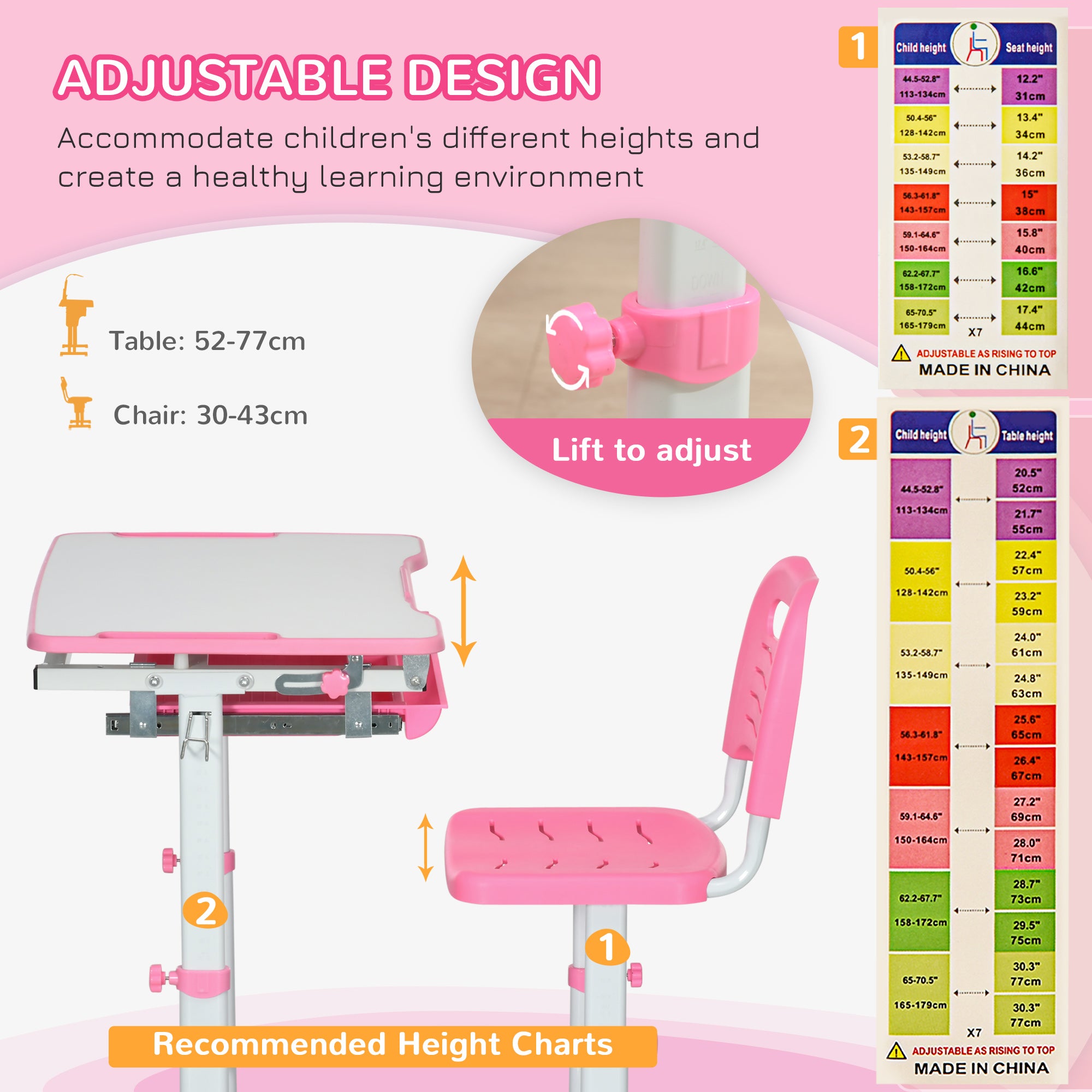 Kids Desk and Chair Set, Student Adjustable Writing Desk, with Drawer, Pen Slot, Hook - Pink