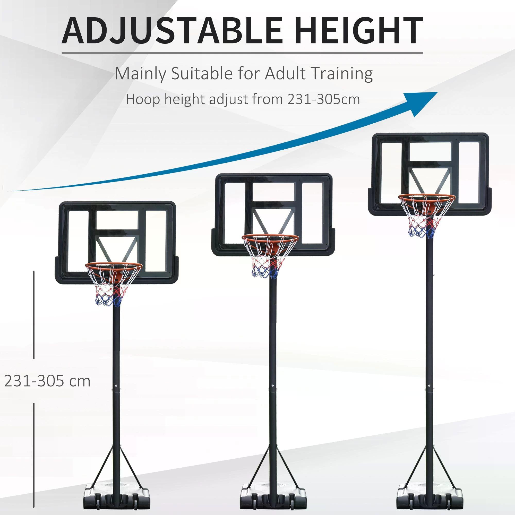 Portable Freestanding Basketball Hoop Stand Transparent Backboard 231-305cm Adjustable Basketball Hoop with Two Moving Wheels For Adult