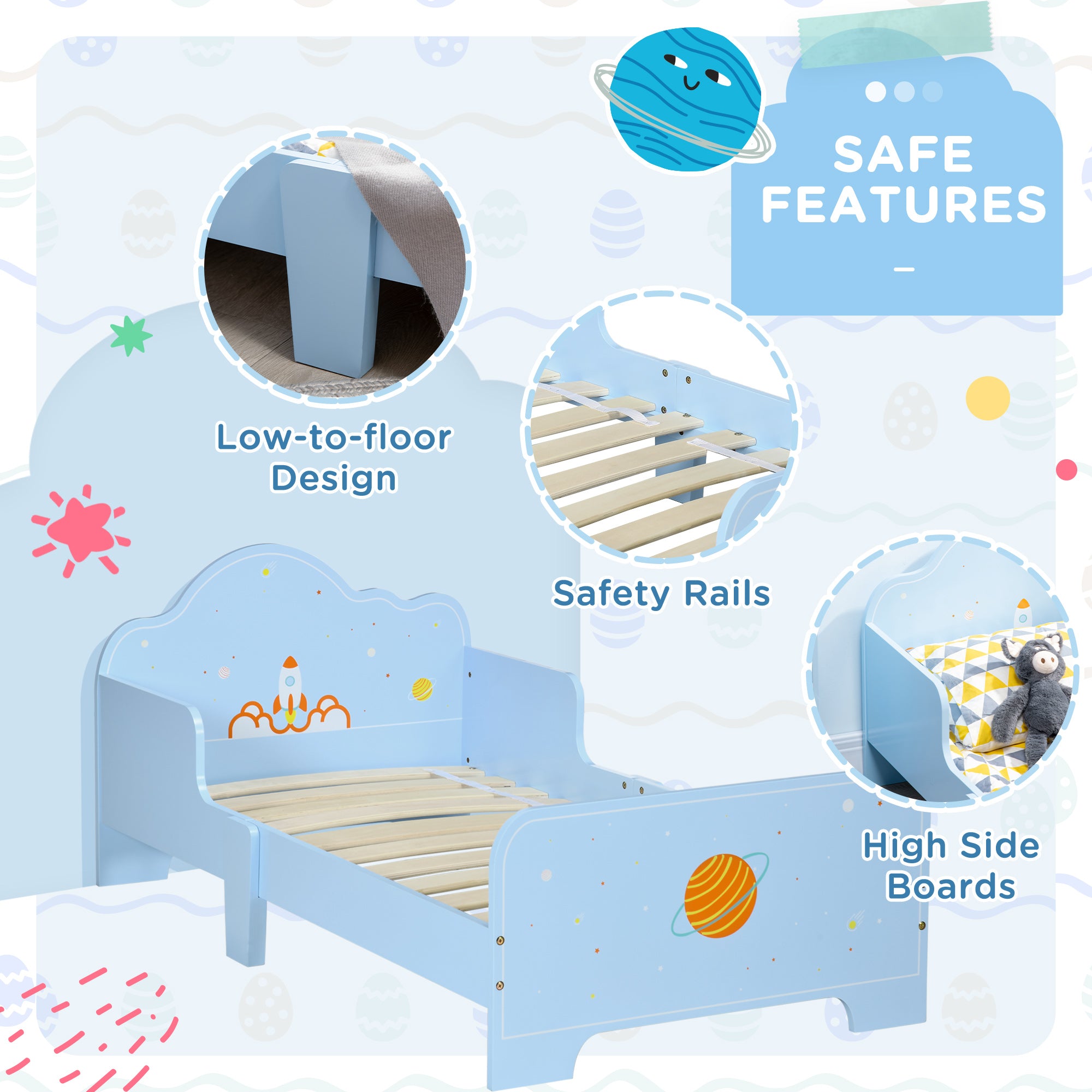 Toddler Bed Kids Bedroom Furniture with Rocket & Plants Patterns Safety Side Rails Slats, Blue