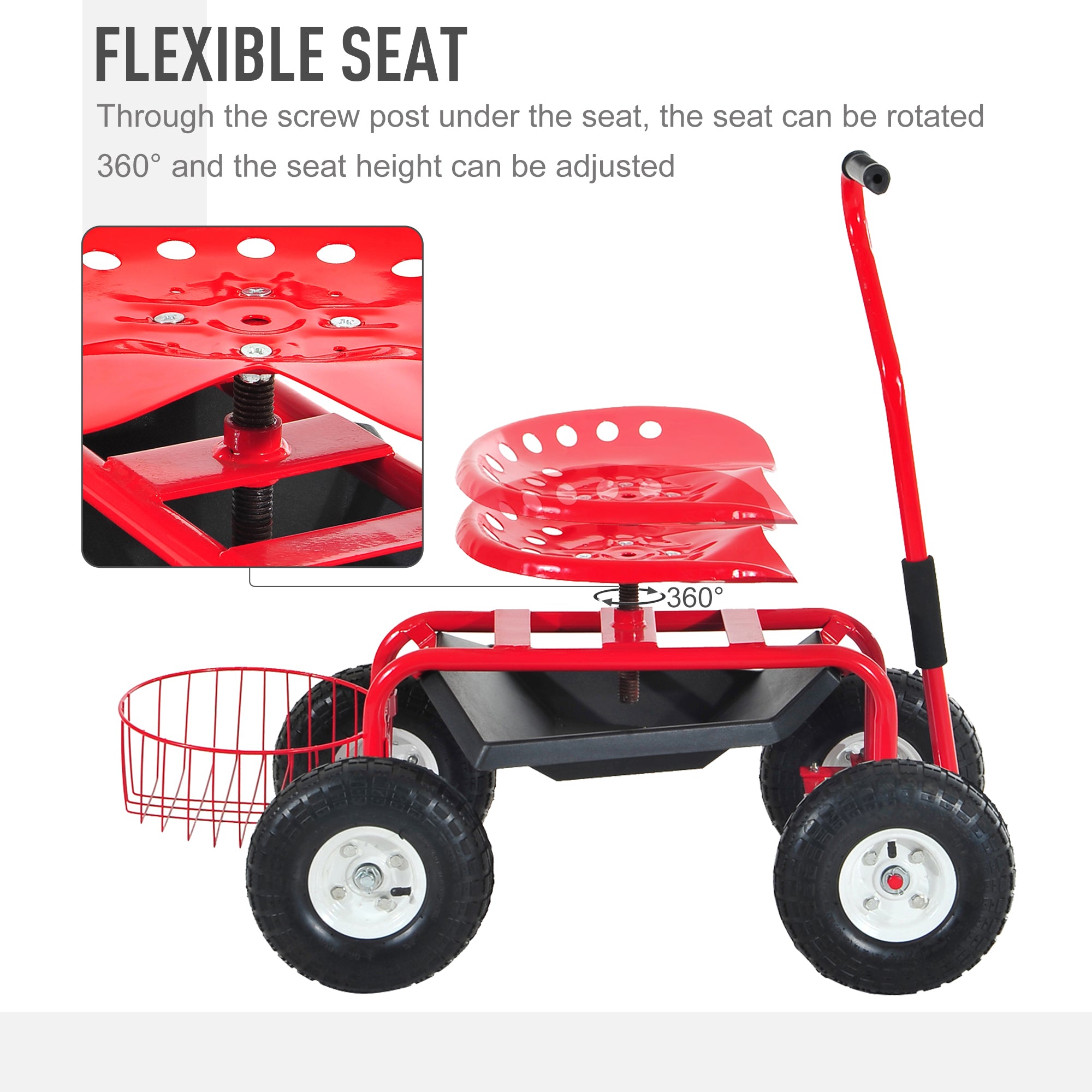 Adjustable Rolling Garden Cart Outdoor Garden Planting Station Trolley Swivel Gardener Work Seat Heavy Duty w/ Tool Tray & Basket Red 150kg