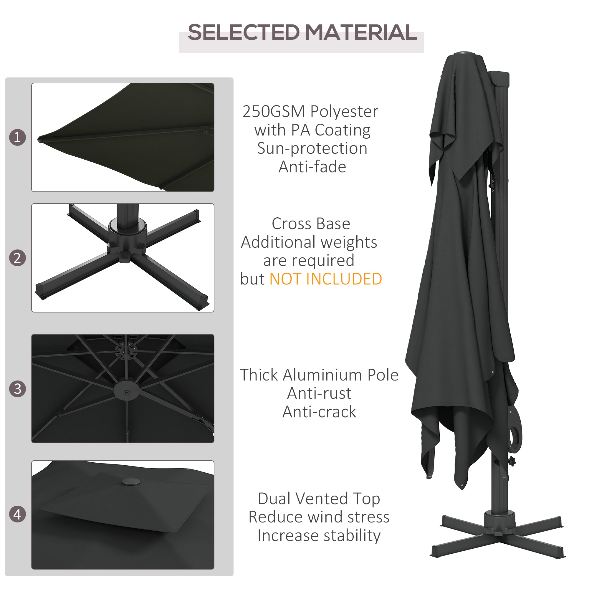 Garden Parasol, 3(m) Cantilever Parasol with Hydraulic Mechanism, Dual Vented Top, 8 Ribs, Cross Base, Grey