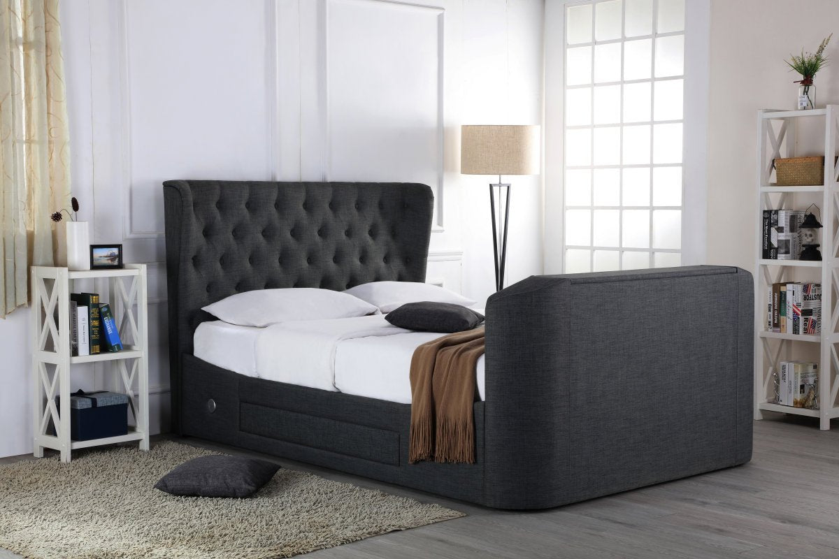 Avebury Tv Fabric Bed With Deep Buttoned Wing Sided Headboard Grey - King - Bedzy UK modern and affordable home furniture England