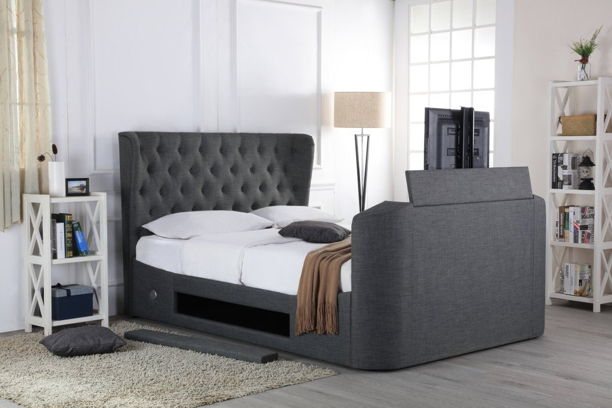 Avebury Tv Fabric Bed With Deep Buttoned Wing Sided Headboard Grey - King - Bedzy UK modern and affordable home furniture England