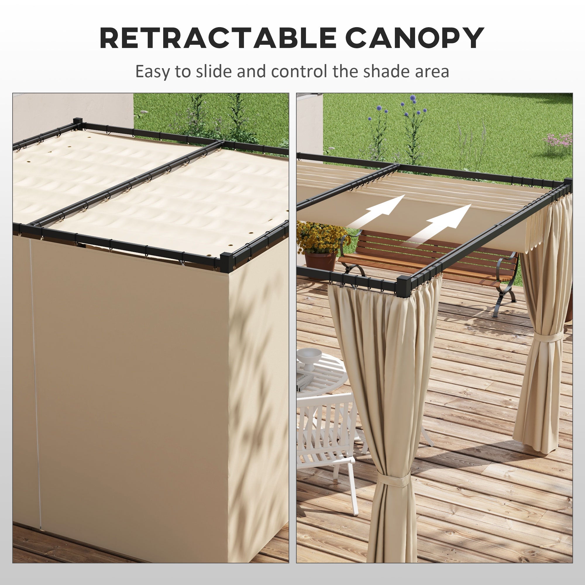 3 x 3 Metre Retractable Pergola with Curtains and Durable Metal Frame - Beige