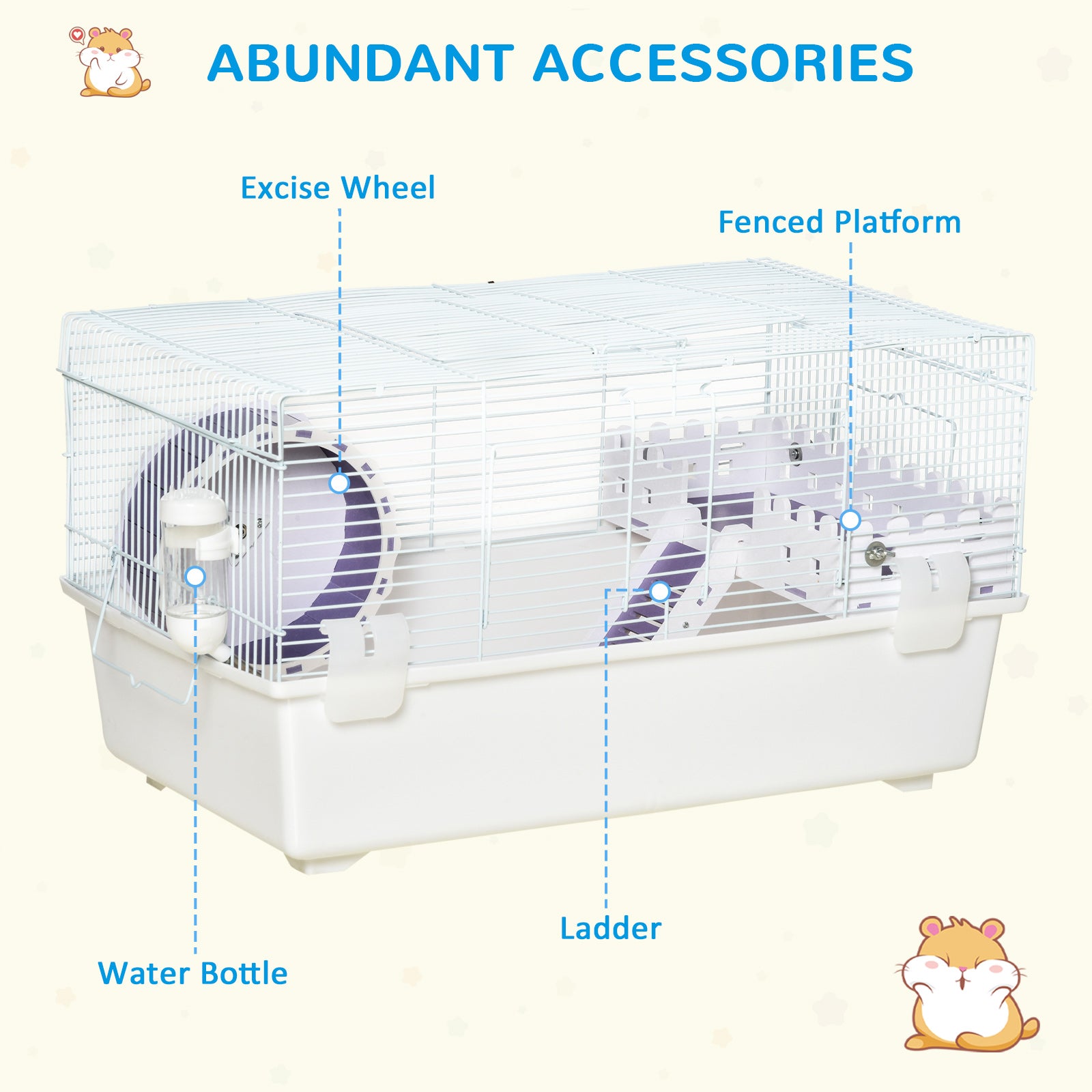 Two-Tier Hamster Cage Gerbil Haven Multi-Storey Rodent House Small Animal Habitat with Water Bottle, Excise Wheel, Ladder, White