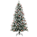 6FT Artificial Snow-Flocked Christmas Pencil Tree with Red Berries & White Pinecones - Green