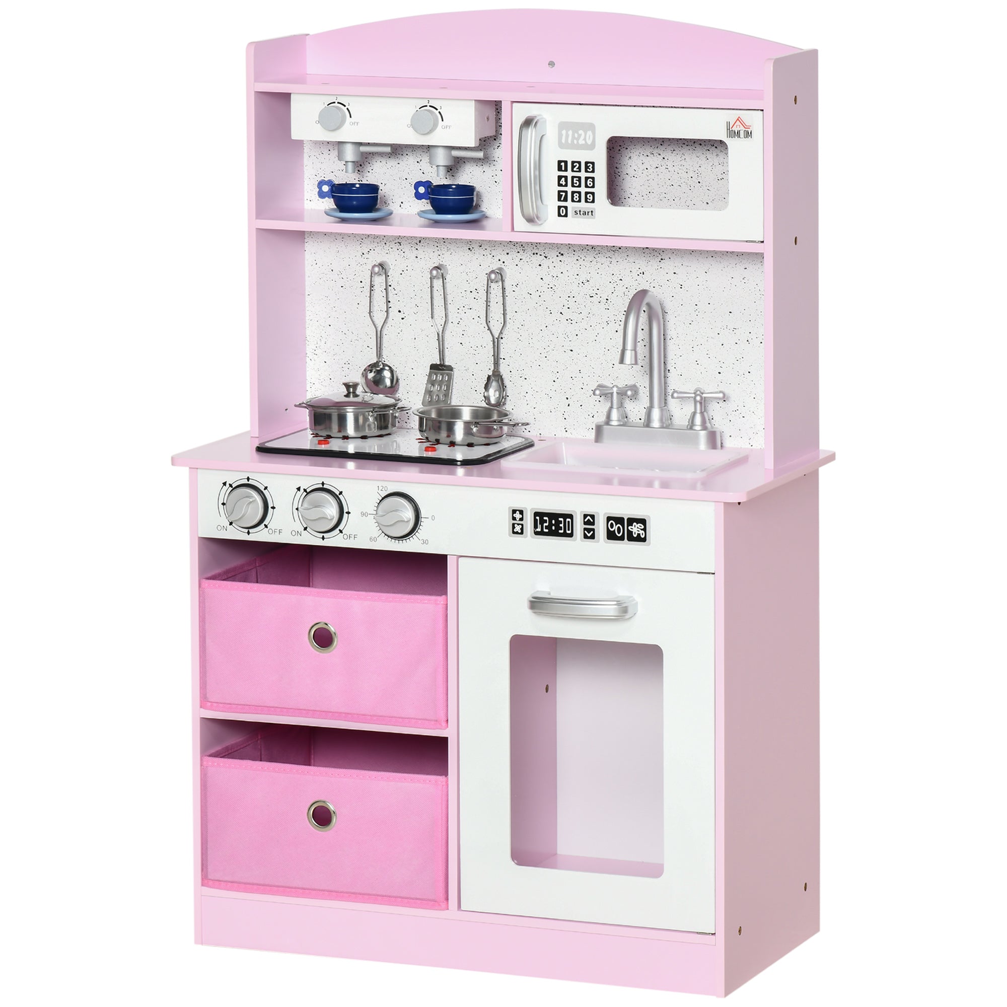 Wooden Play Kitchen with Lights and Sound, Kids Kitchen Playset with Coffee Maker Microwave Sink Utensils Storage Bins, Pretend Role Play Pink