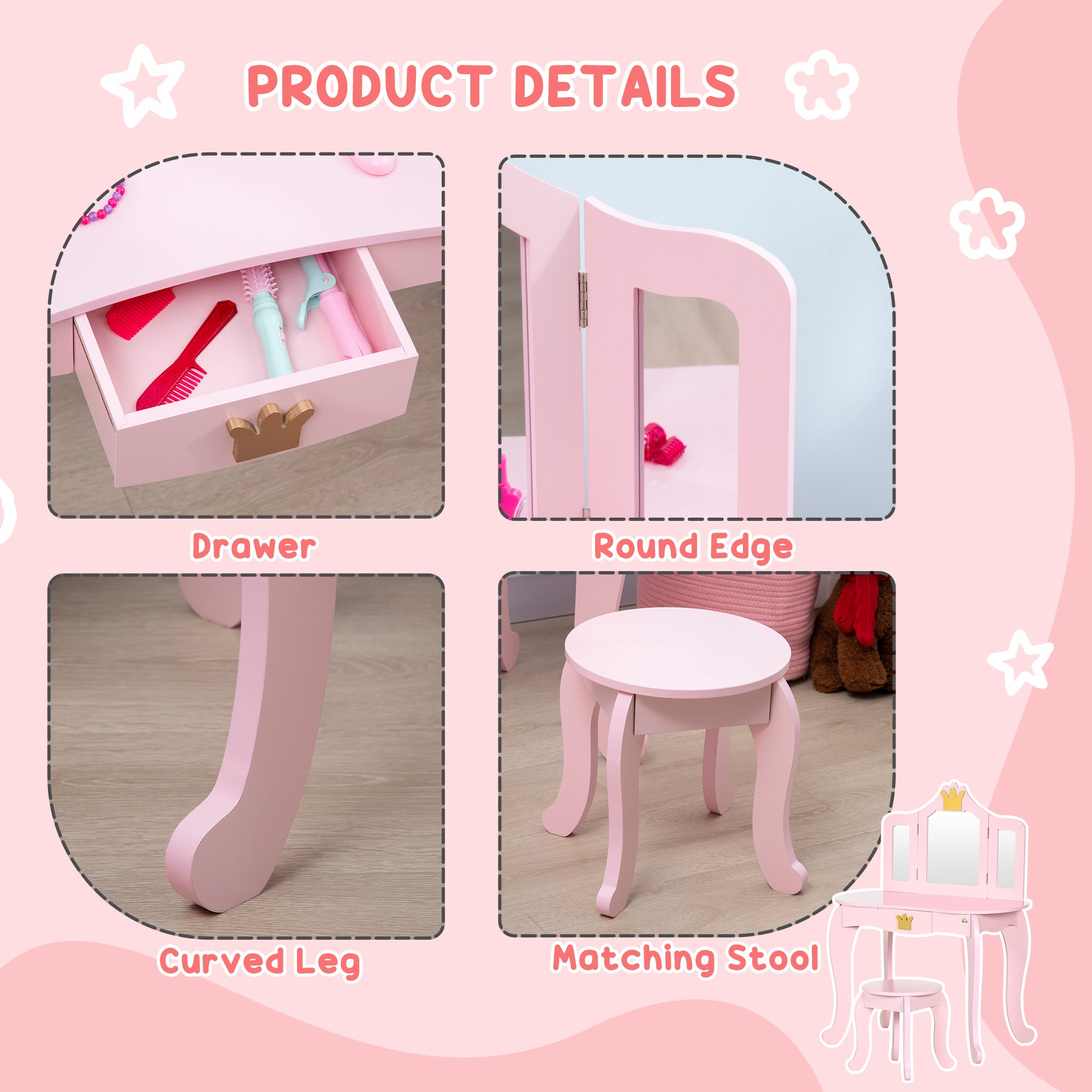 Kids Dressing Table with Mirror and Stool, Kids Vanity Set, Girl Makeup Desk with Rotatable Mirrors and Drawer, Pink