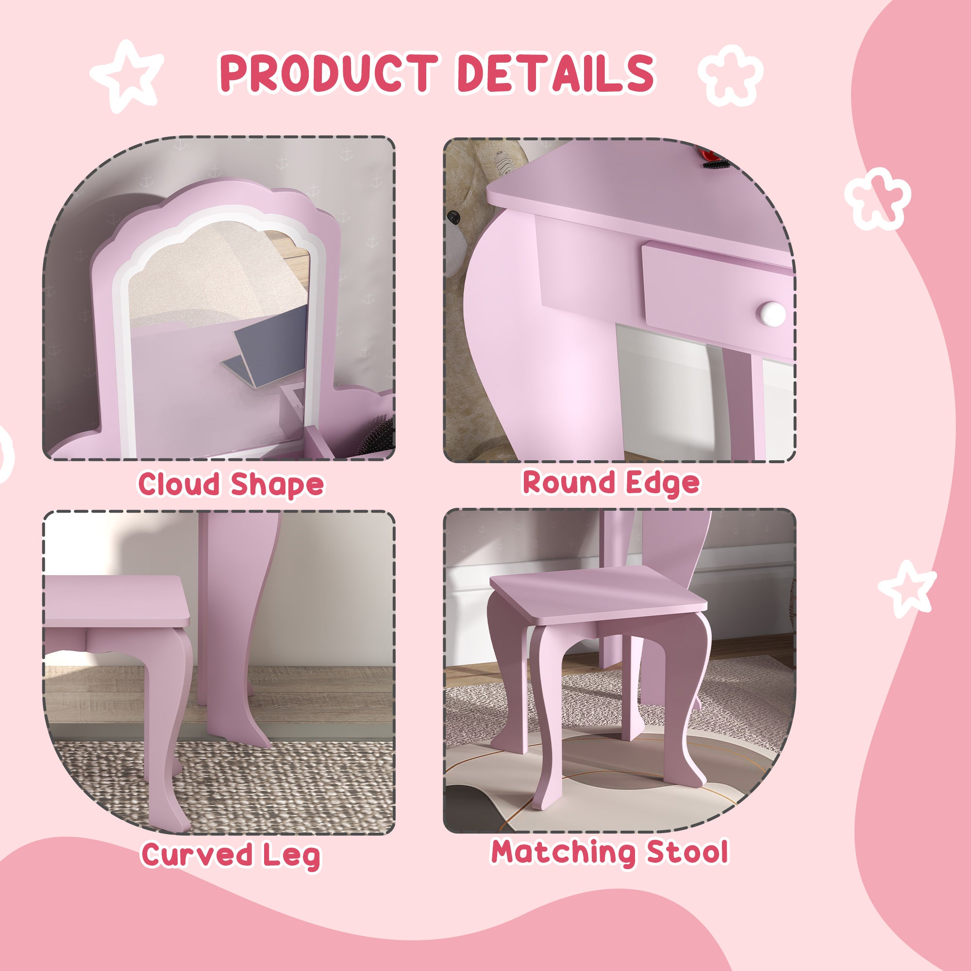 Kids Vanity Table with Mirror and Stool, Cloud Design, Drawer, Storage Boxes, for 3-6 Years Old - Pink