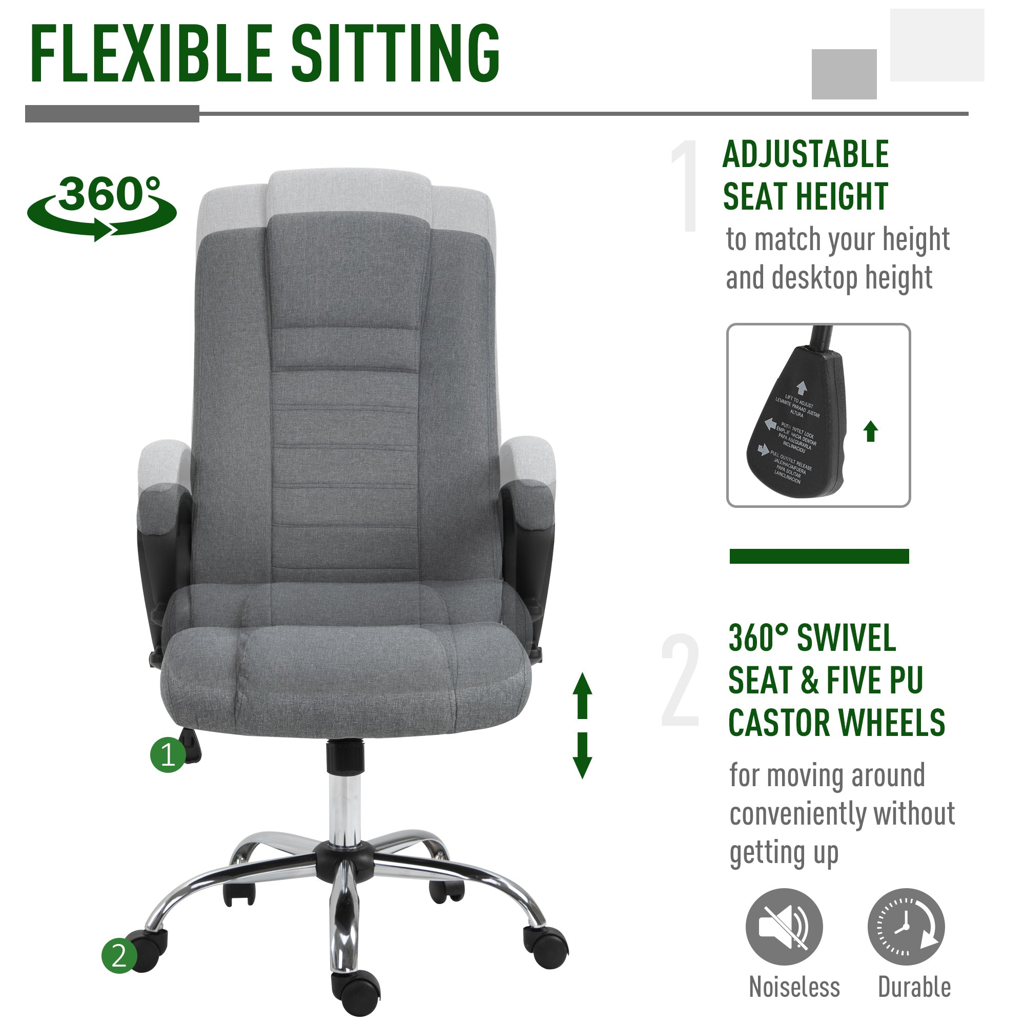 High Back Office Chair 360° Swivel Chair Adjustable Height Tilt Function Linen Deep Grey 62W x 62D x 110-119H cm