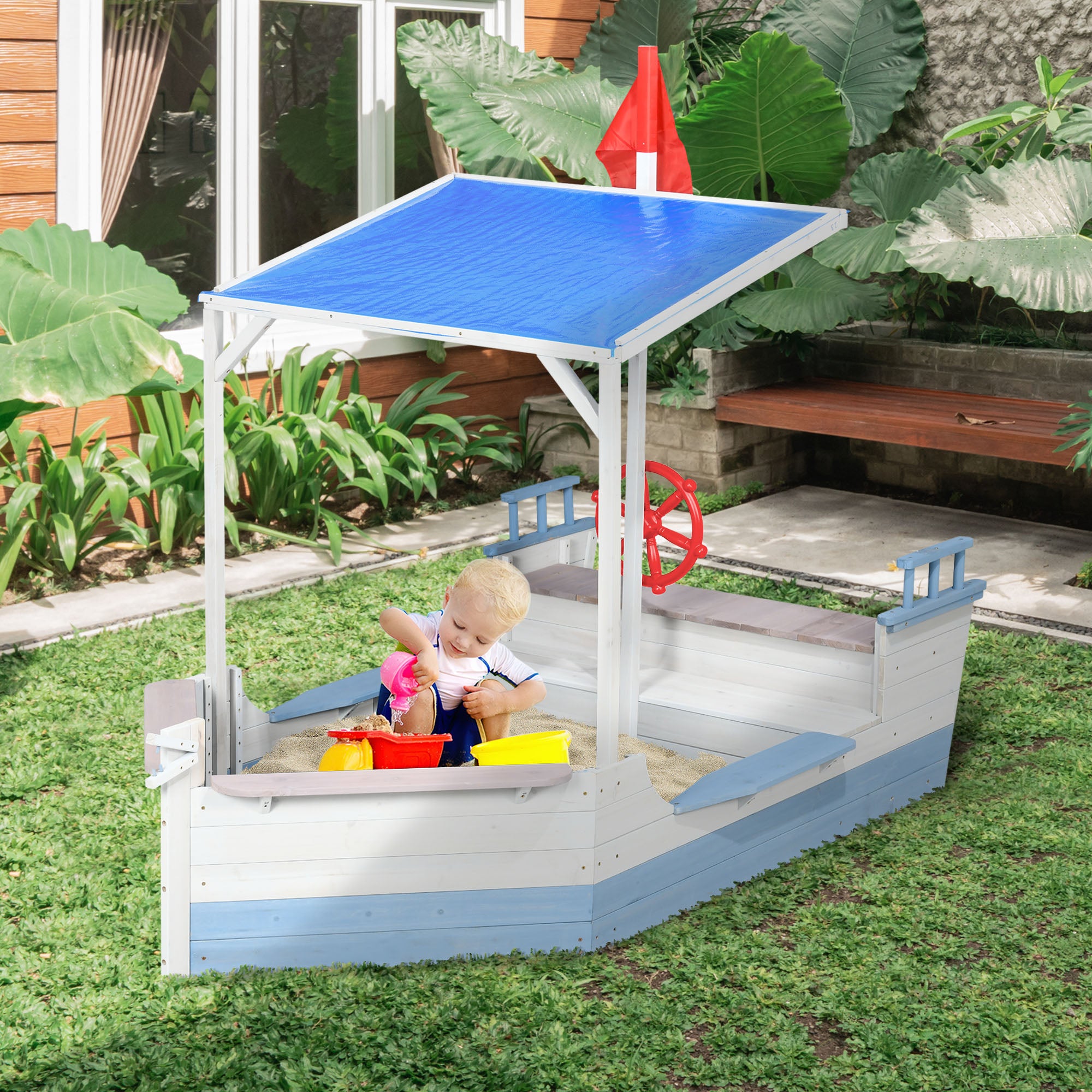 Wooden Kids Sandpit, Children Sandbox w/ UV Protection Canopy, for Ages 3-8 Years - Blue