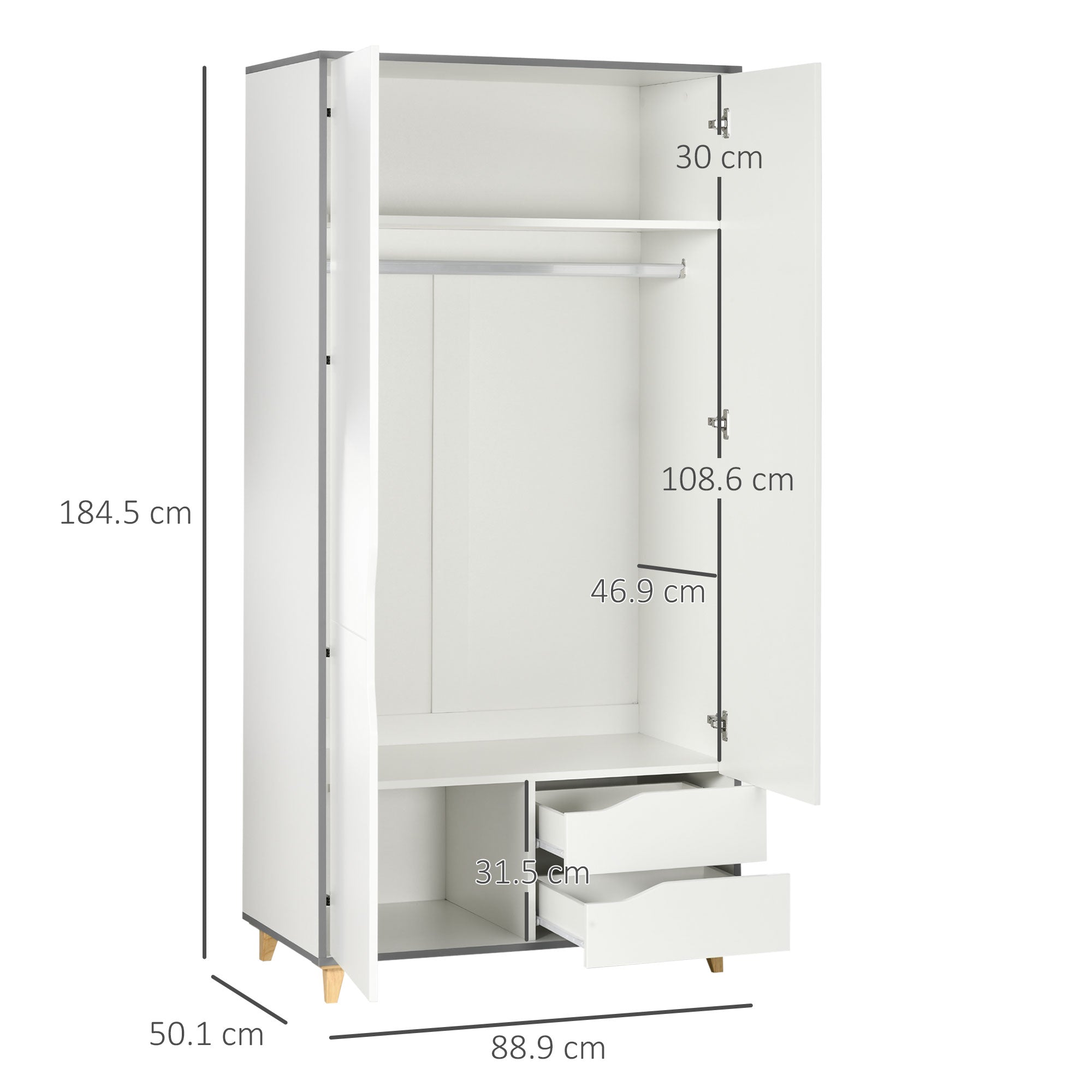 Wardrobe with 2 Doors, 2 Drawers, Hanging Rail, Shelves for Bedroom Clothes Storage Organiser, 89x50x185cm, White