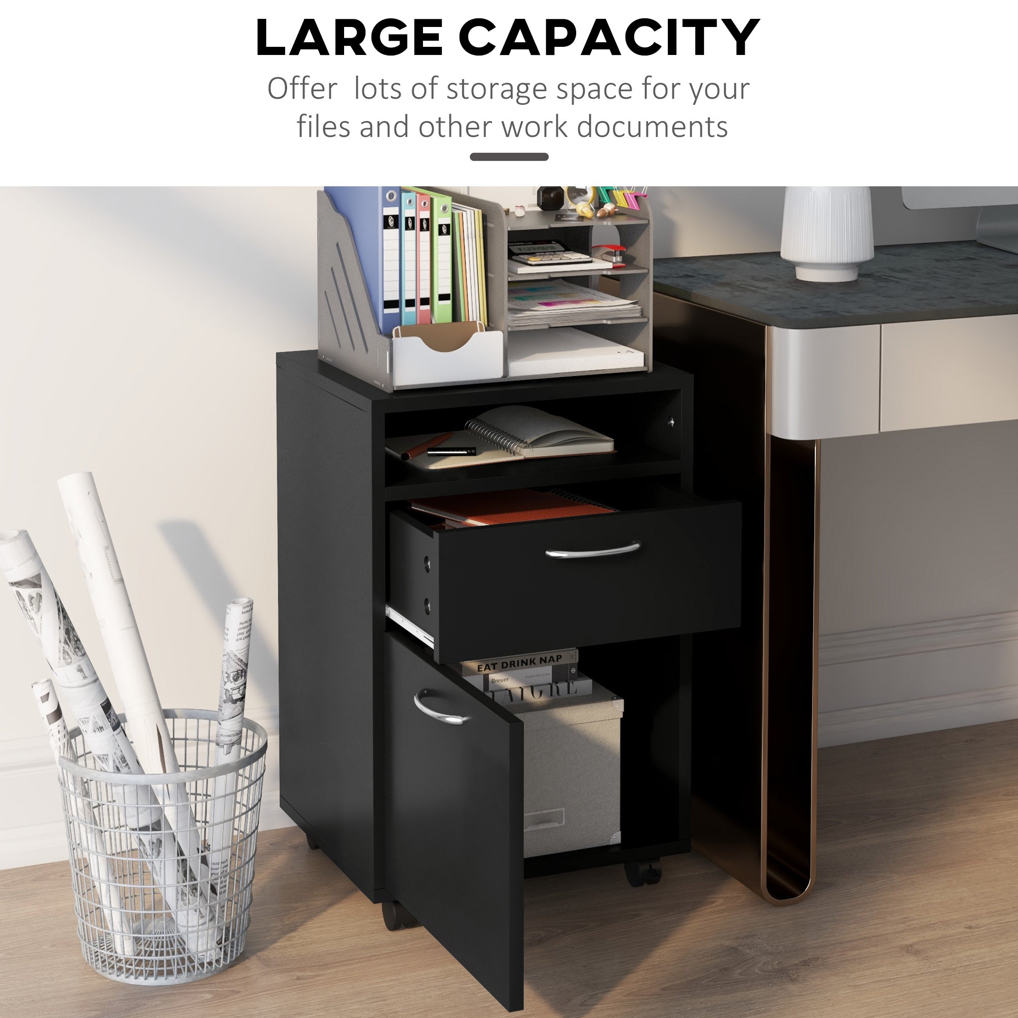 60cm Storage Cabinet w/ Drawer Open Shelf Metal Handles 4 Wheels Office Home Organiser Mobile Printer Black