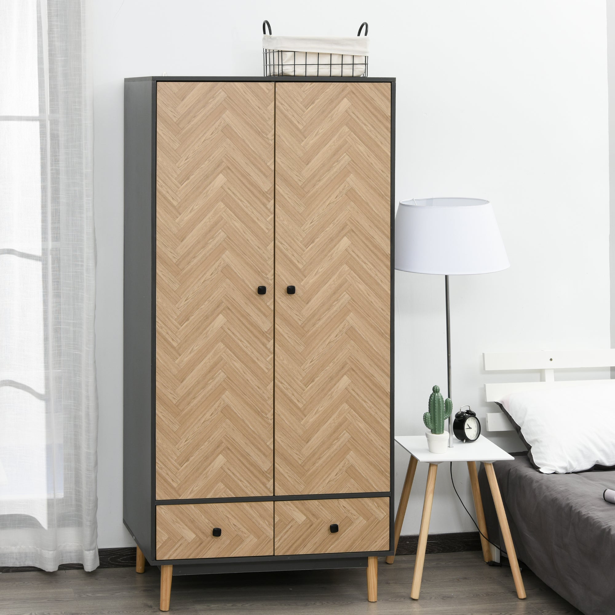 Modern Wardrobe Cabinet Wood Grain Sticker Surface with Shelf, Hanging Rod and 2 Drawers 90x50x190cm