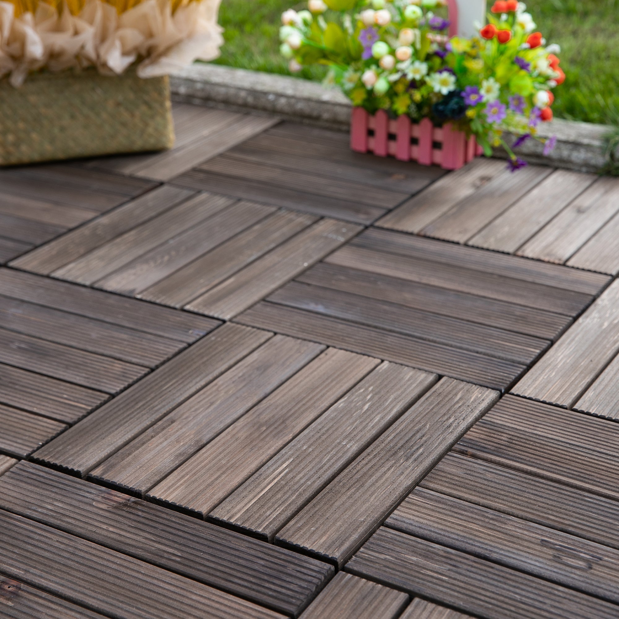 27 Pcs Solid Wood Interlocking Decking Tiles For Patio, Balcony, Roof Terrace, Hot Tub, Black, (30 x 30 cm Per Piece)