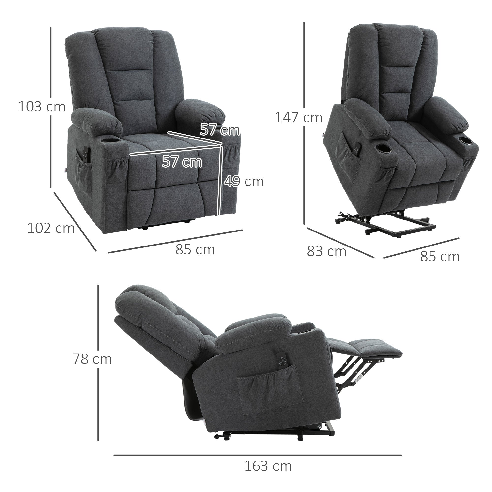 Oversized Riser and Recliner Chairs for the Elderly, Fabric Upholstered Lift for Living Room with Remote Control Side Pockets Cup Holder Grey